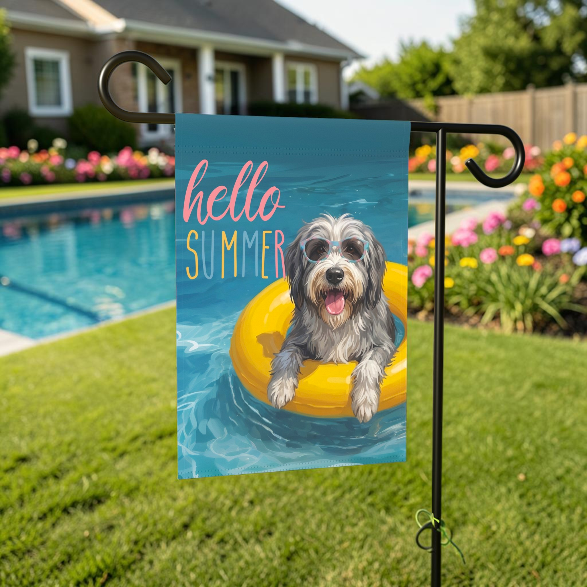 Hello Summer Bearded Collie Garden Flag