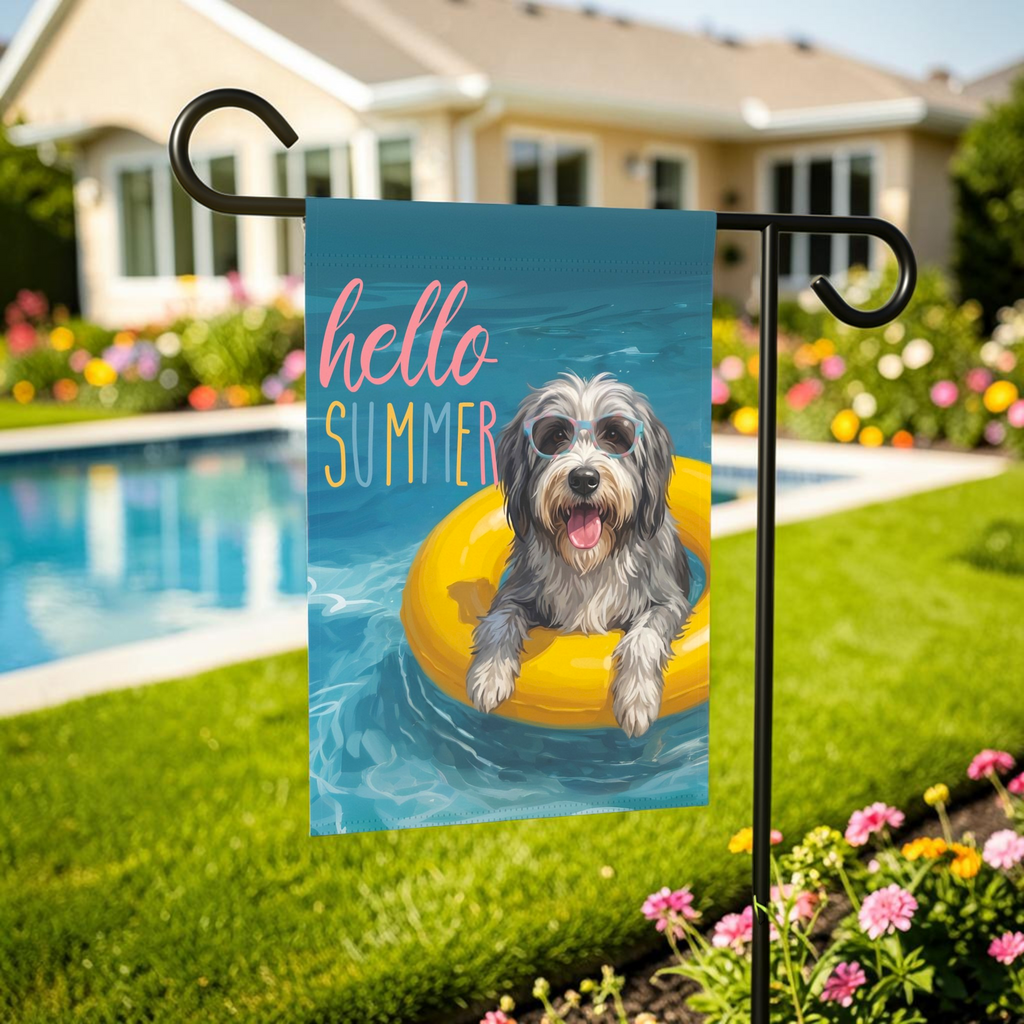 Hello Summer Bearded Collie Garden Flag