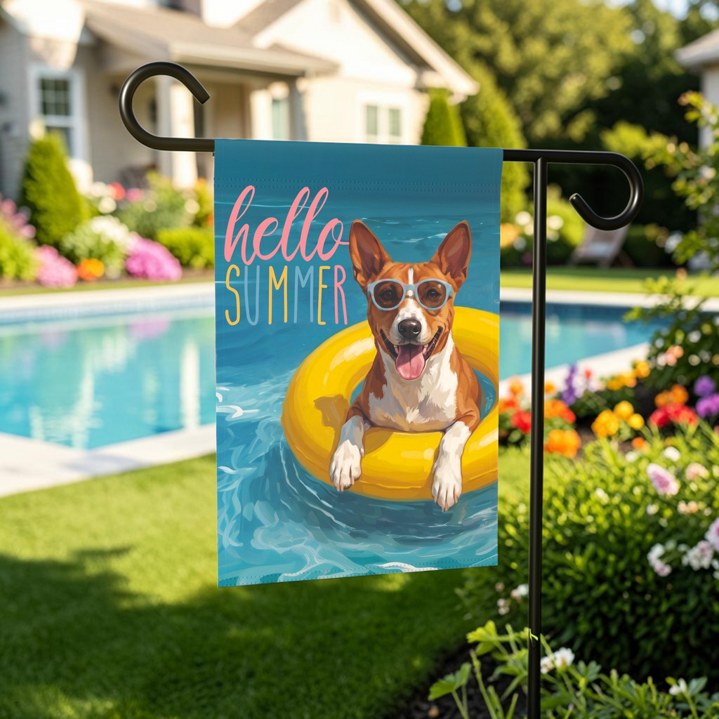 Hello Summer Basenji Garden Flag