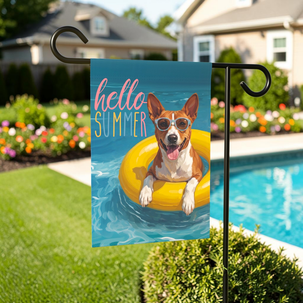 Hello Summer Basenji Garden Flag