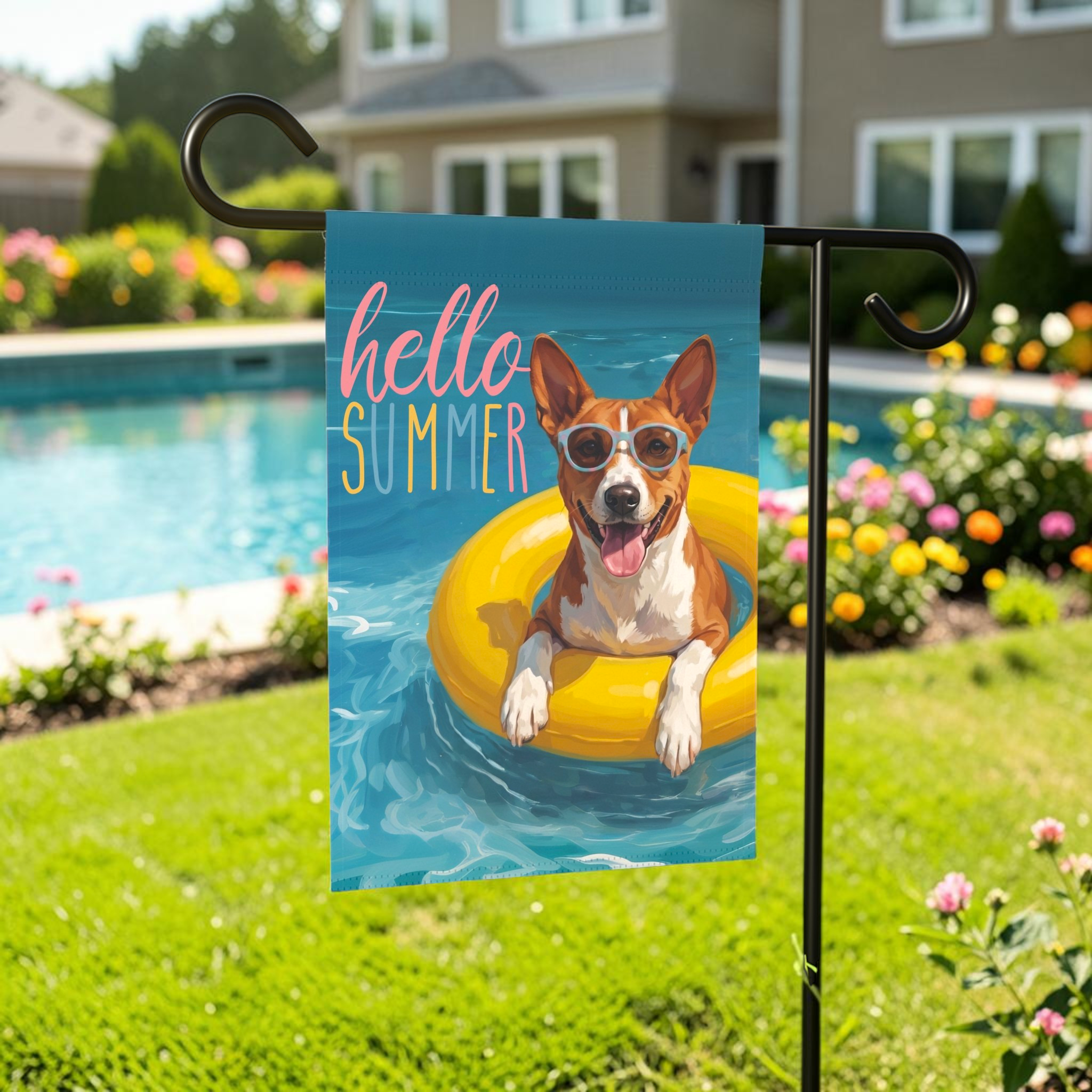Hello Summer Basenji Garden Flag