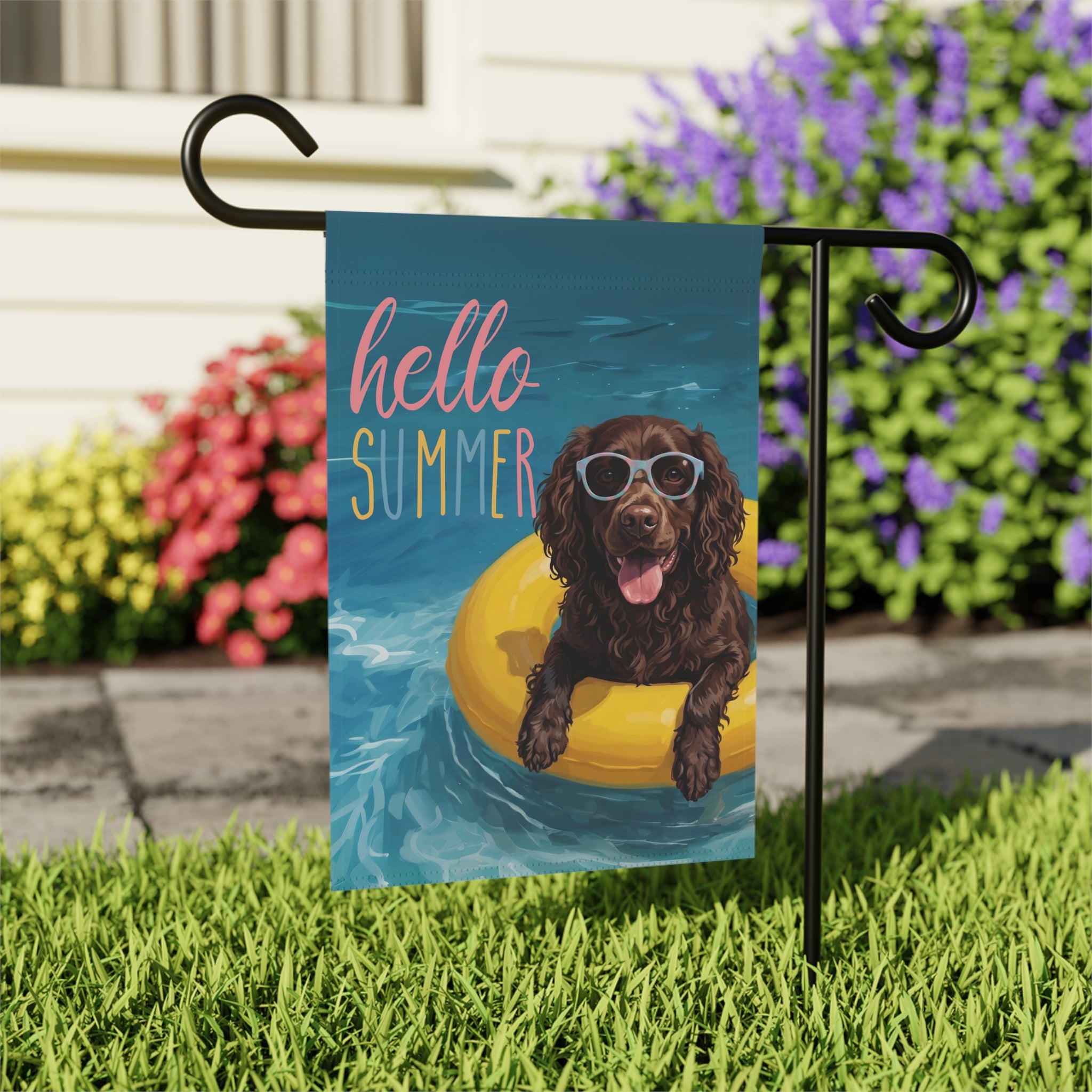 Hello Summer American Water Spaniel Garden Flag