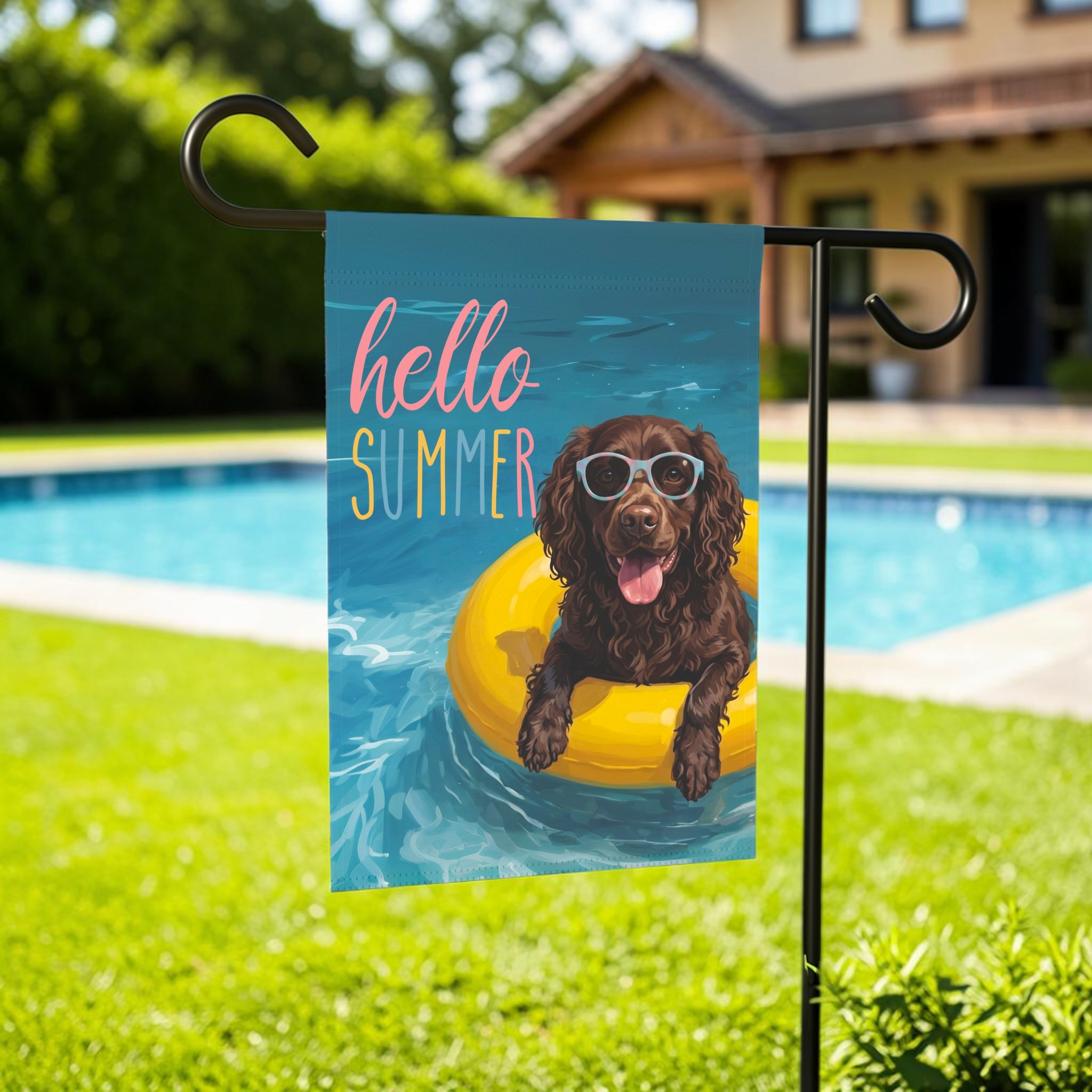 Hello Summer American Water Spaniel Garden Flag