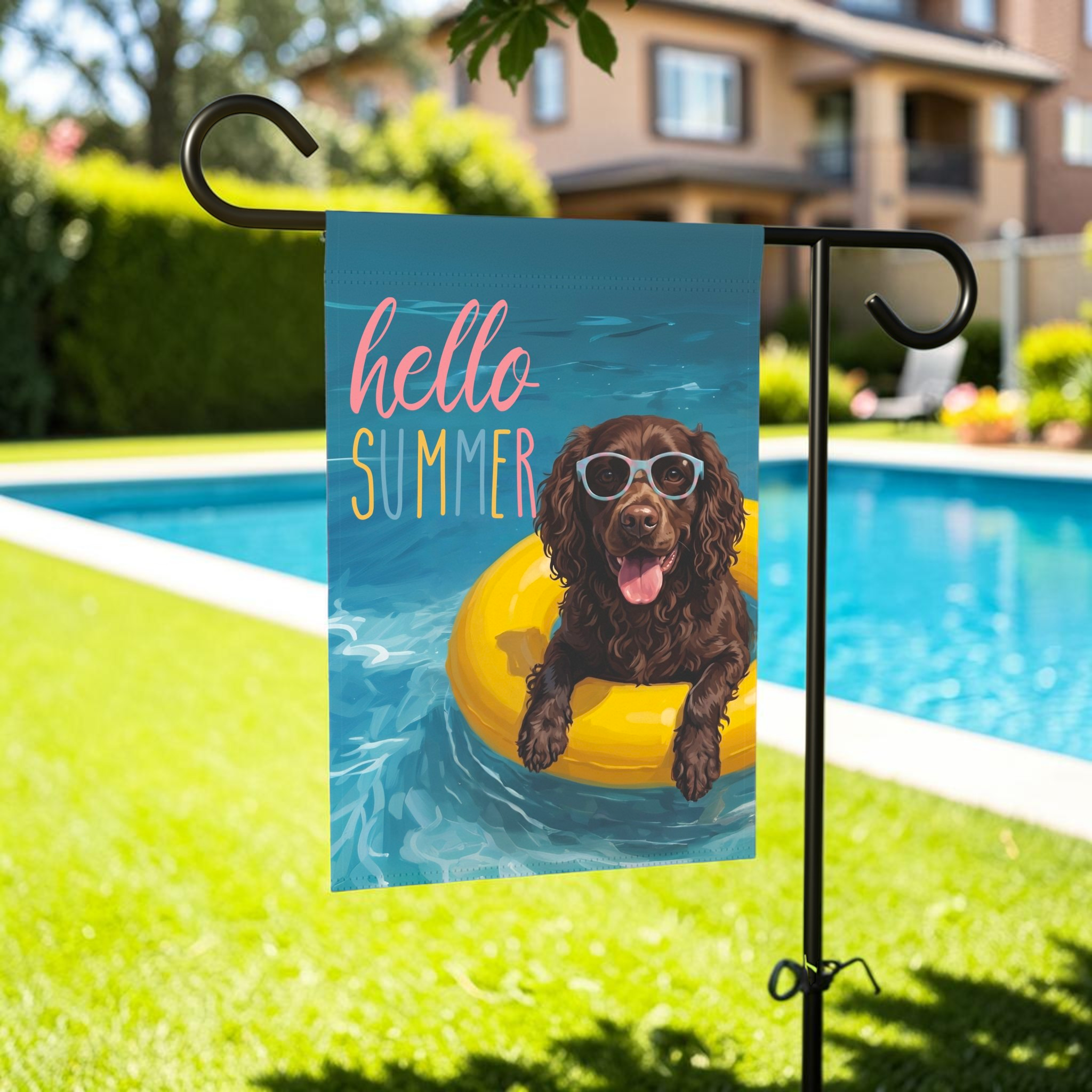 Hello Summer American Water Spaniel Garden Flag