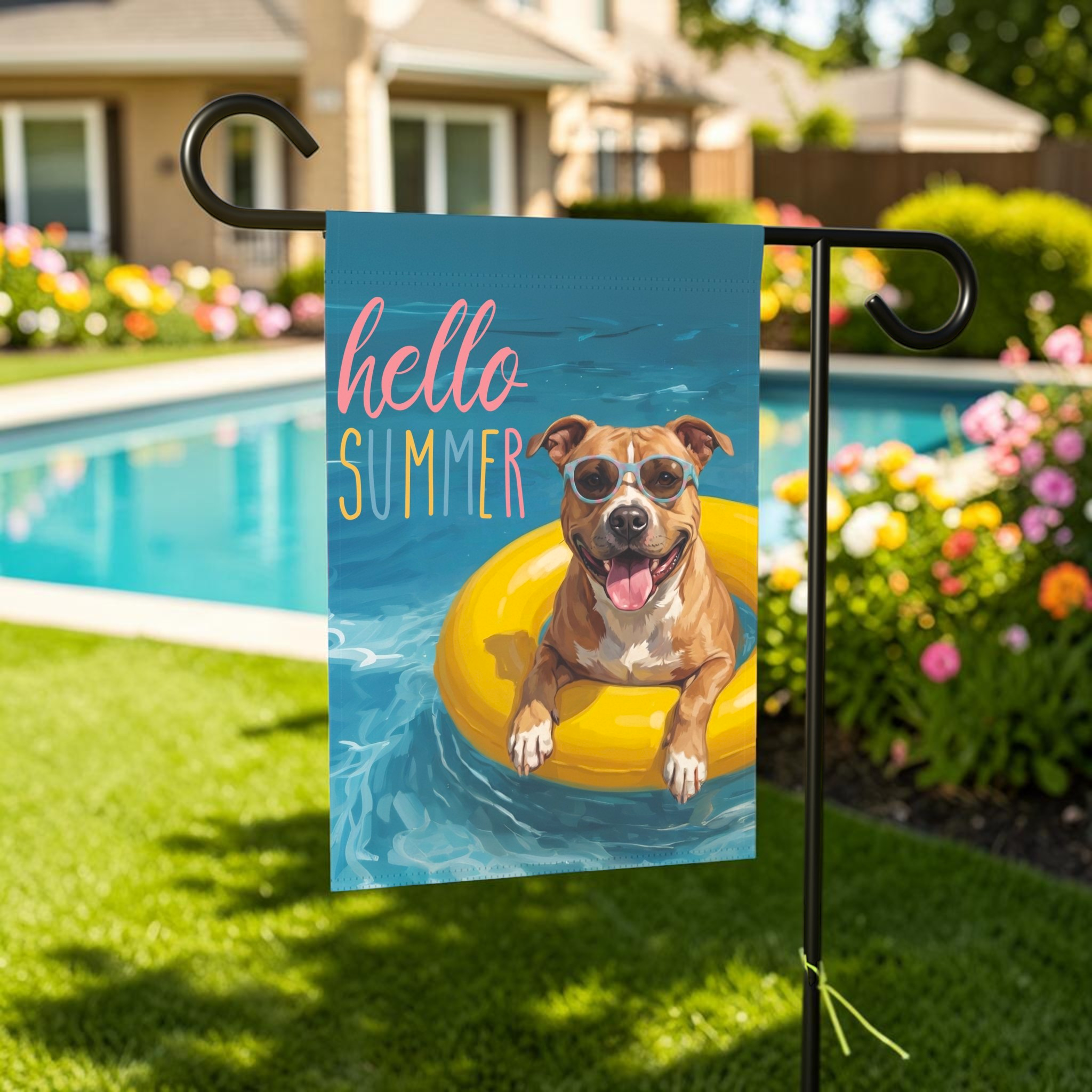 Hello Summer American Staffordshire Terrier Garden Flag
