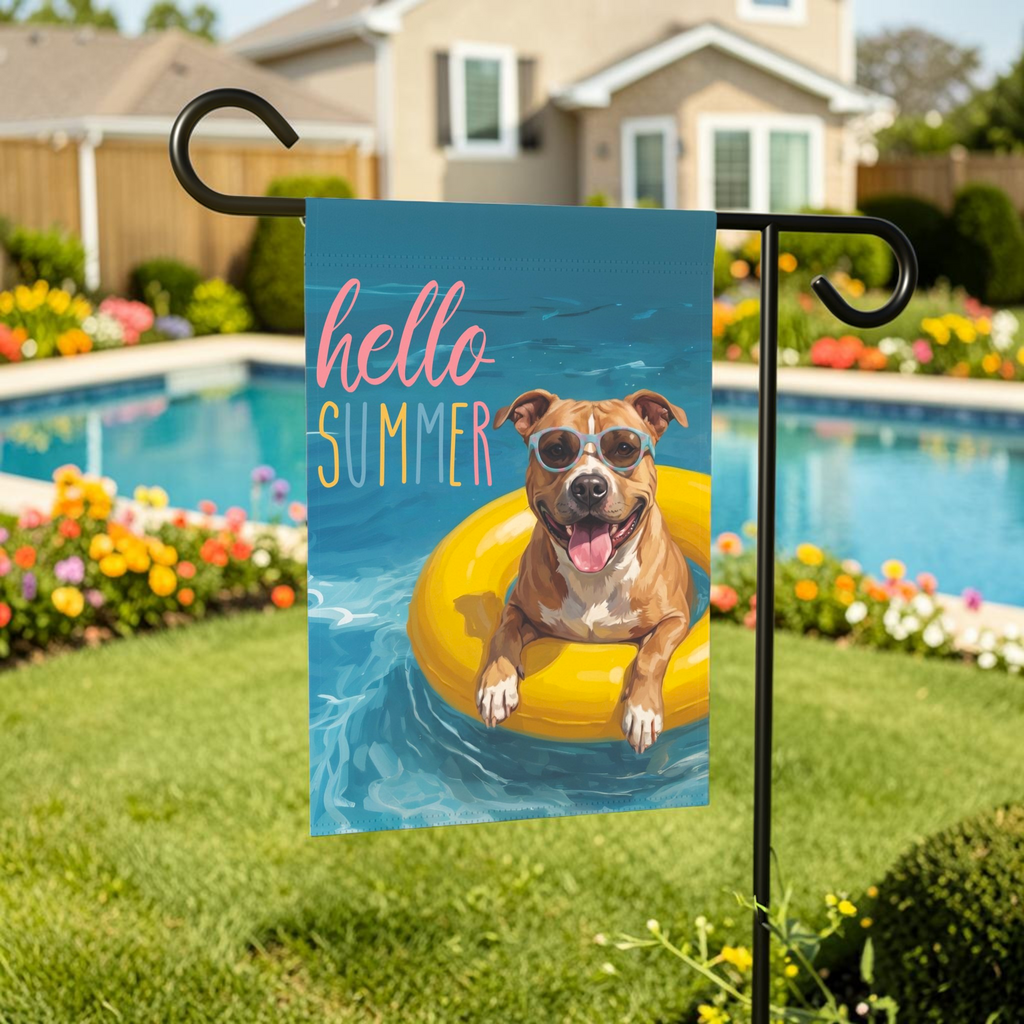 Hello Summer American Staffordshire Terrier Garden Flag