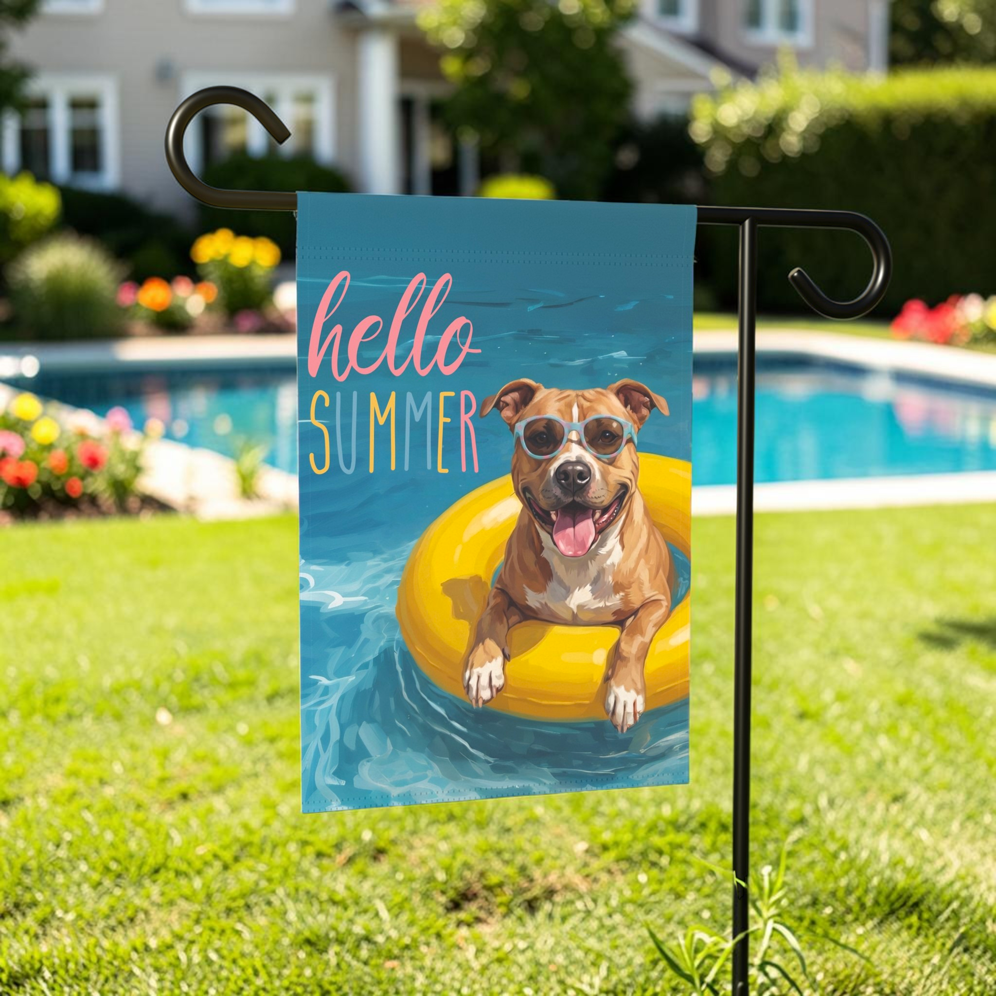 Hello Summer American Staffordshire Terrier Garden Flag