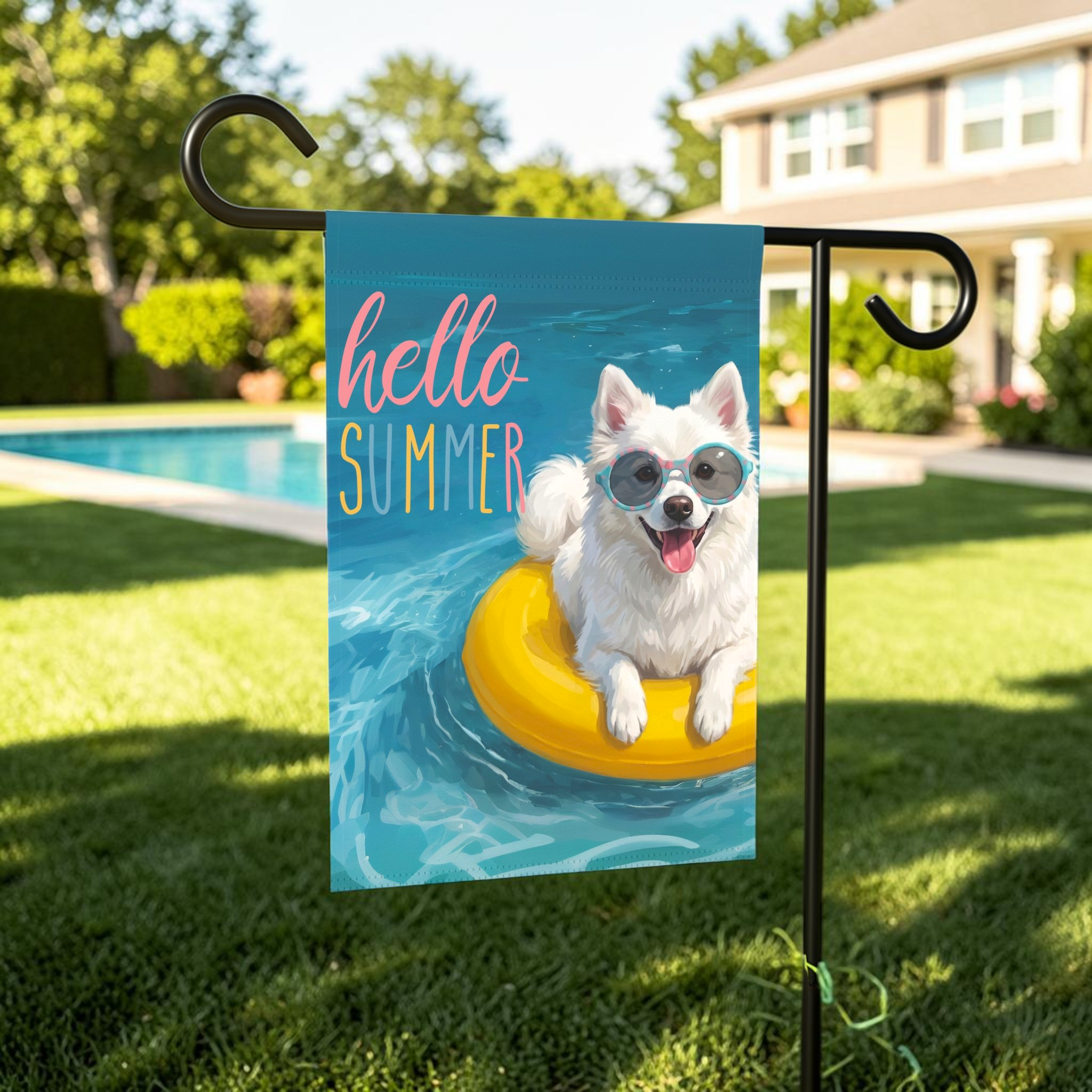 Hello Summer American Eskimo Dog Garden Flag