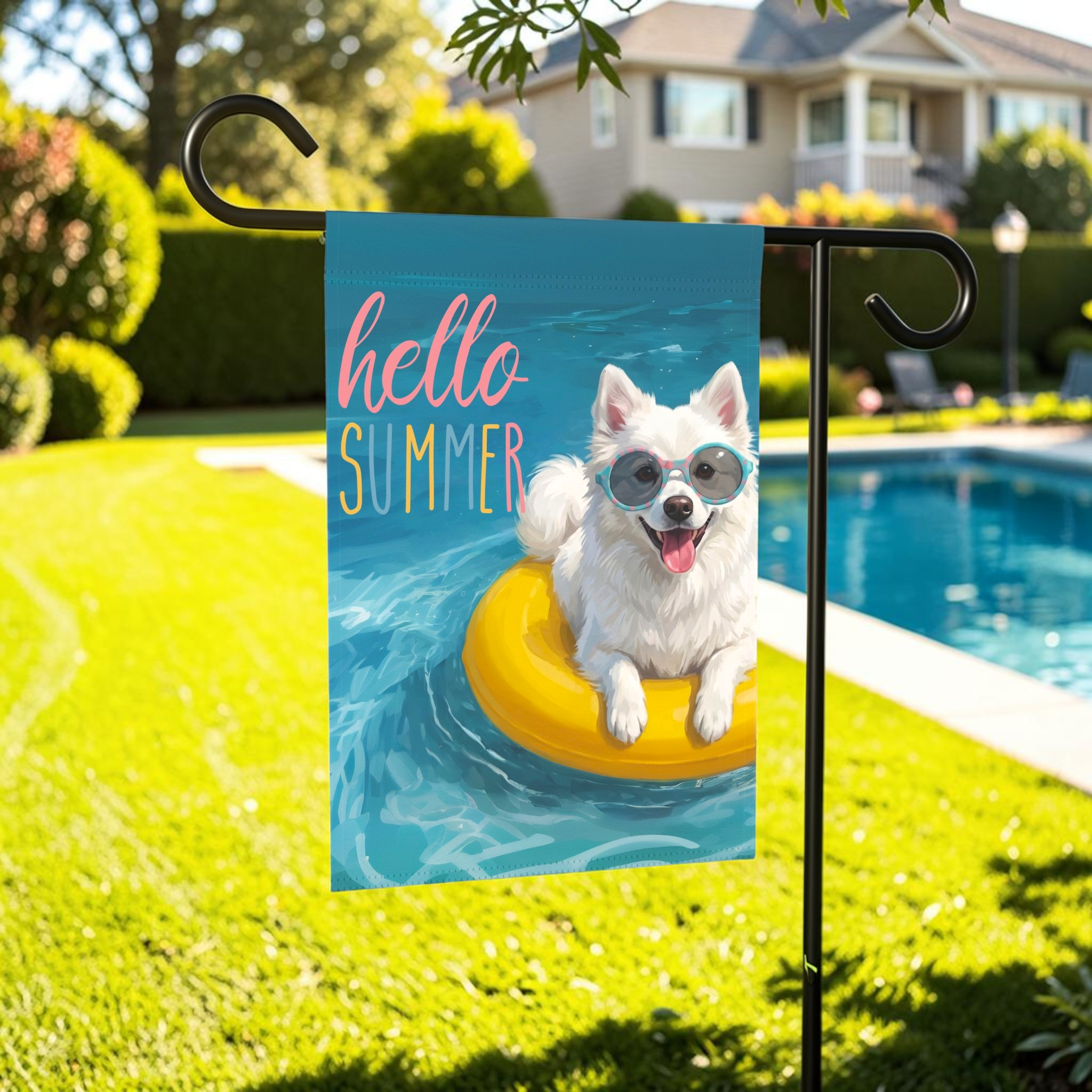 Hello Summer American Eskimo Dog Garden Flag