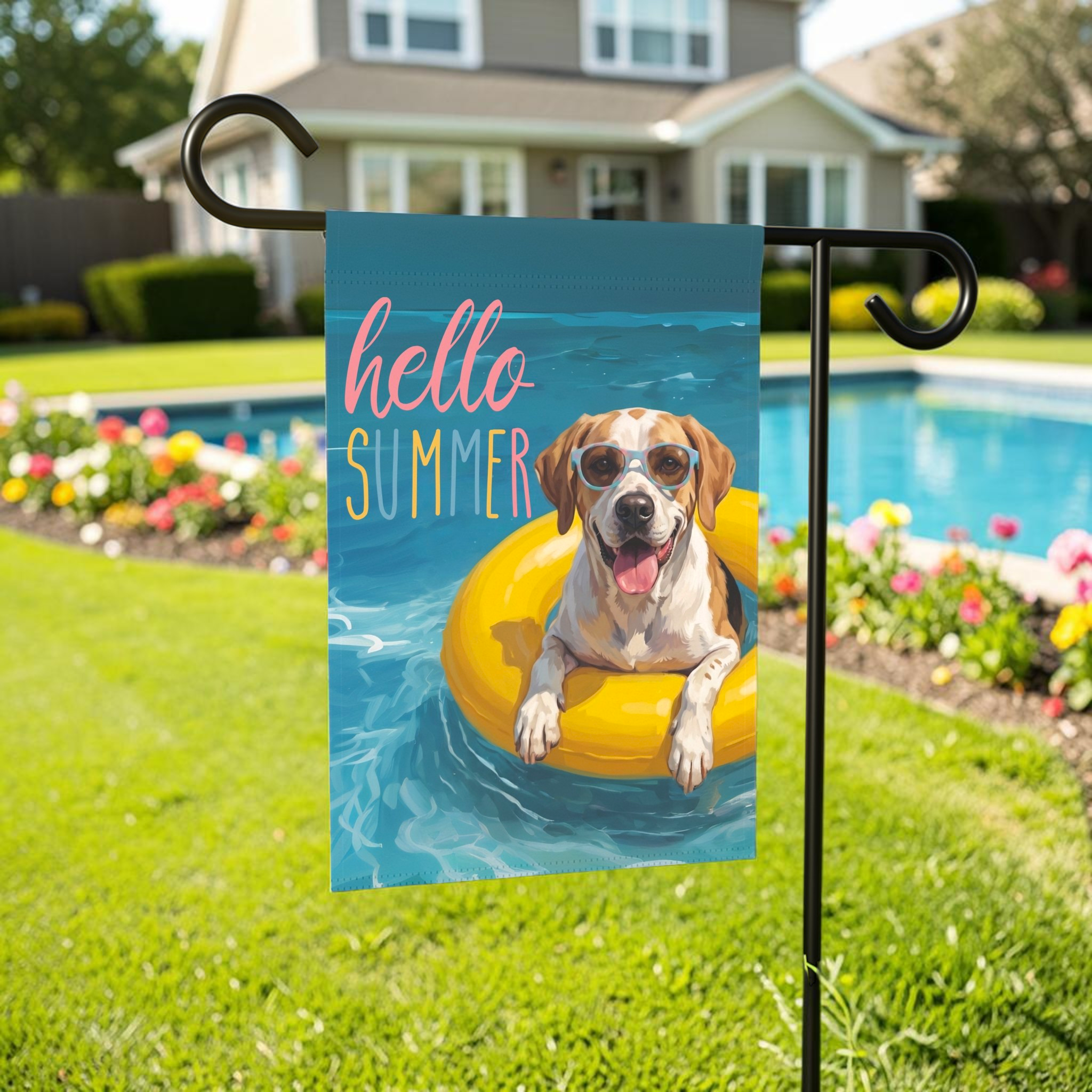 Hello Summer American English Coonhound Garden Flag