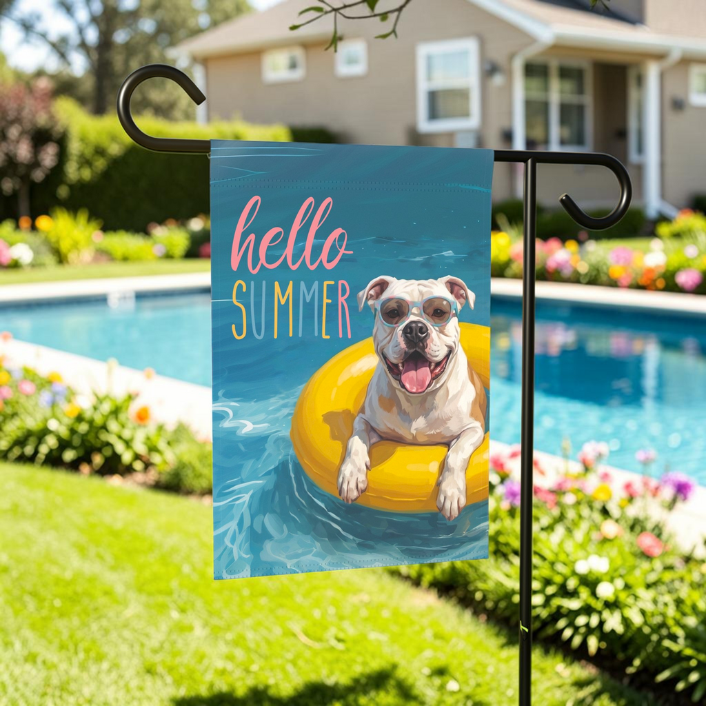 Hello Summer American Bulldog Garden Flag