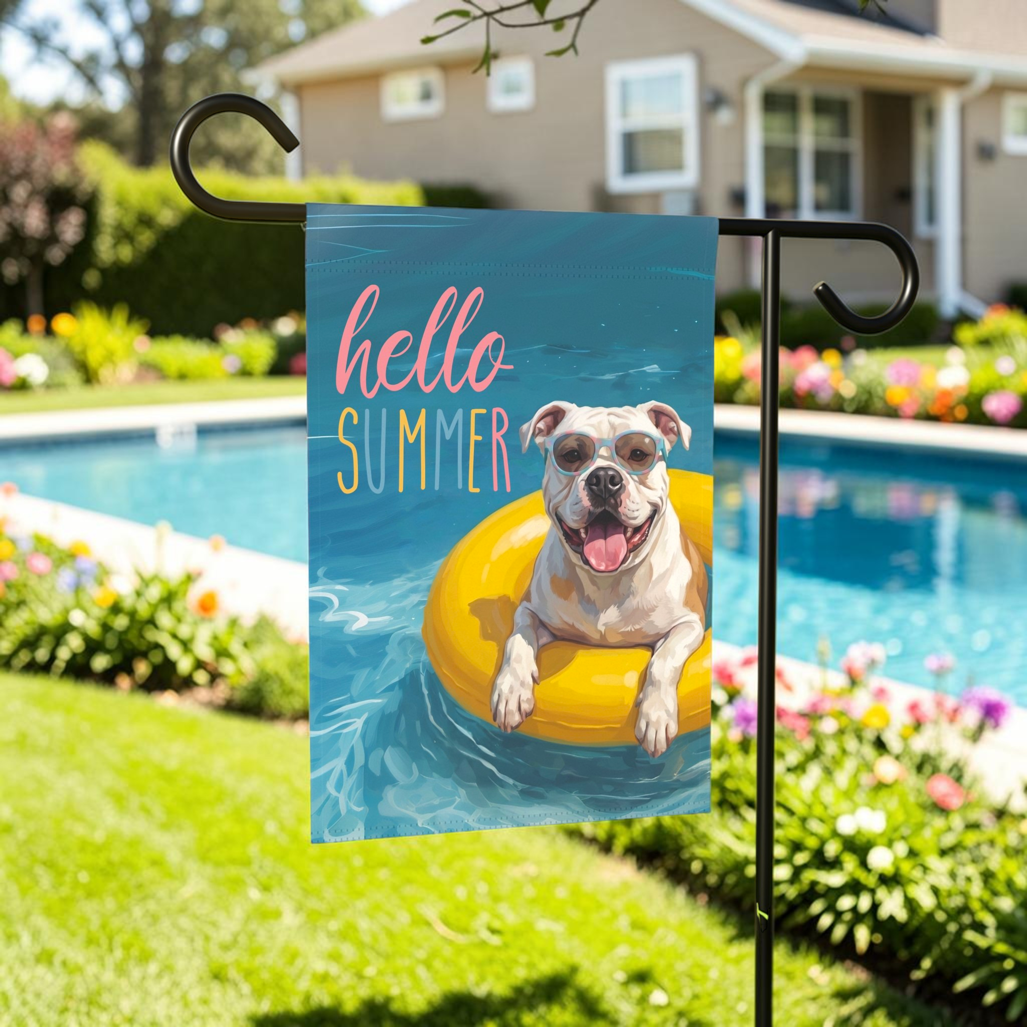 Hello Summer American Bulldog Garden Flag