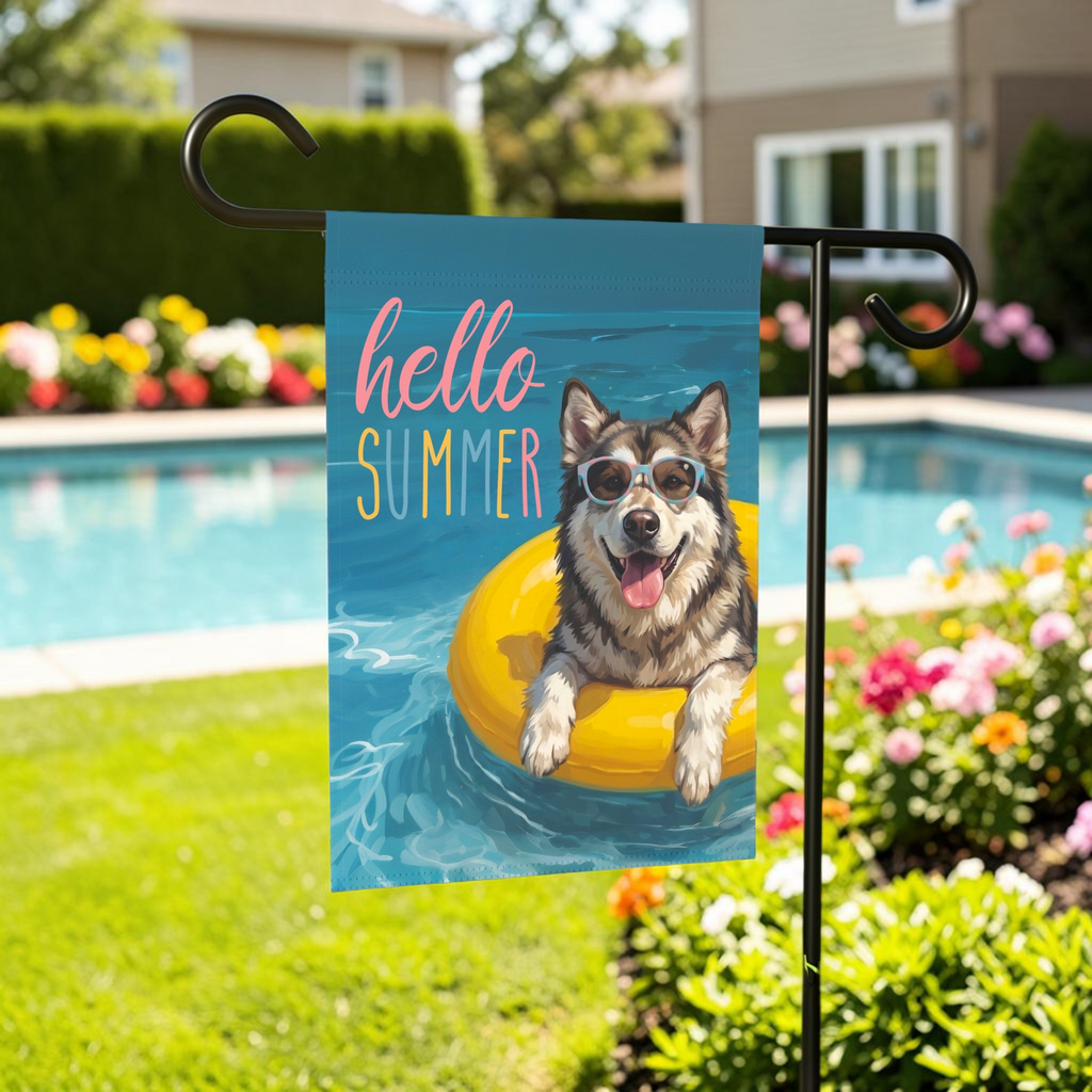 Hello Summer Alaskan Malamute Garden Flag