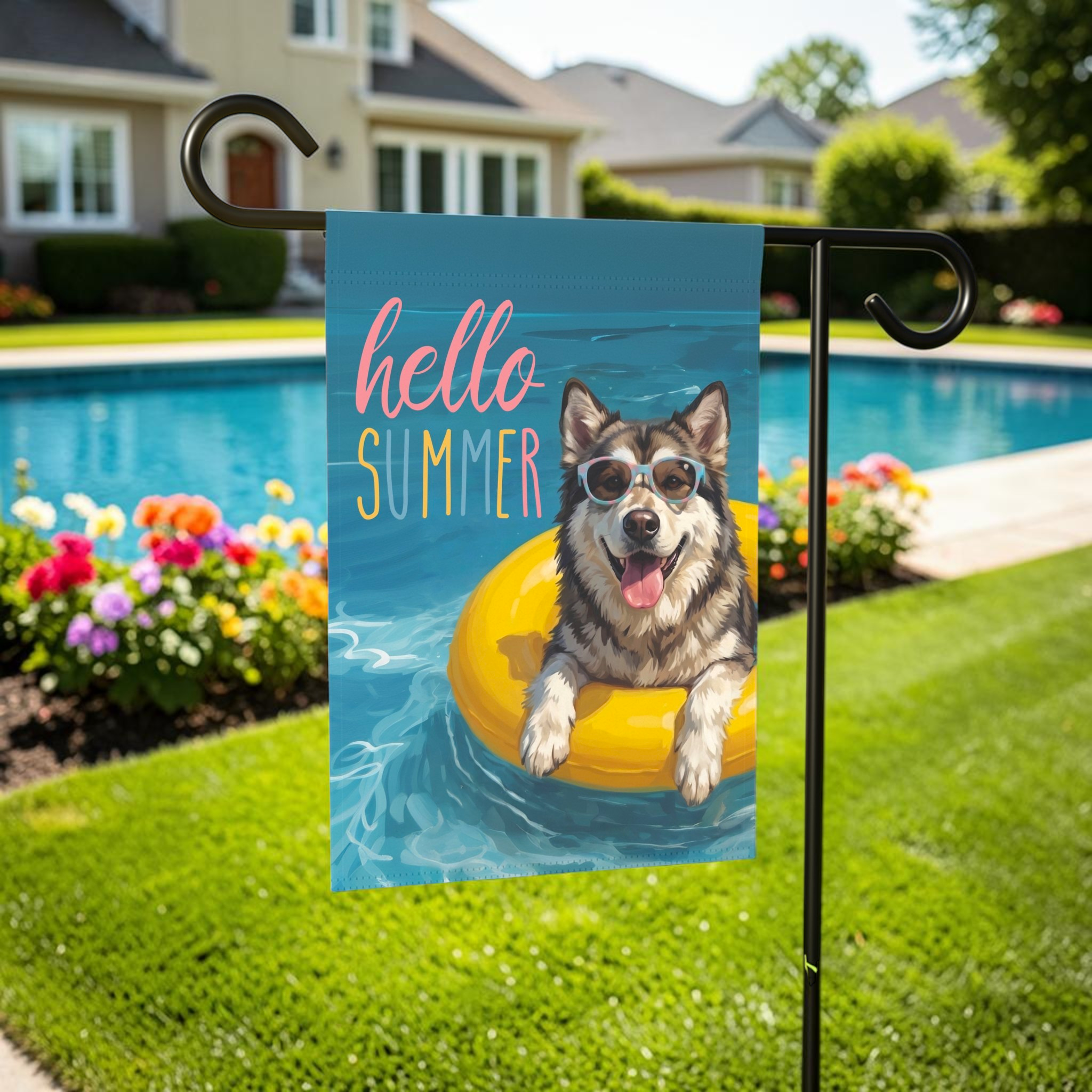 Hello Summer Alaskan Malamute Garden Flag