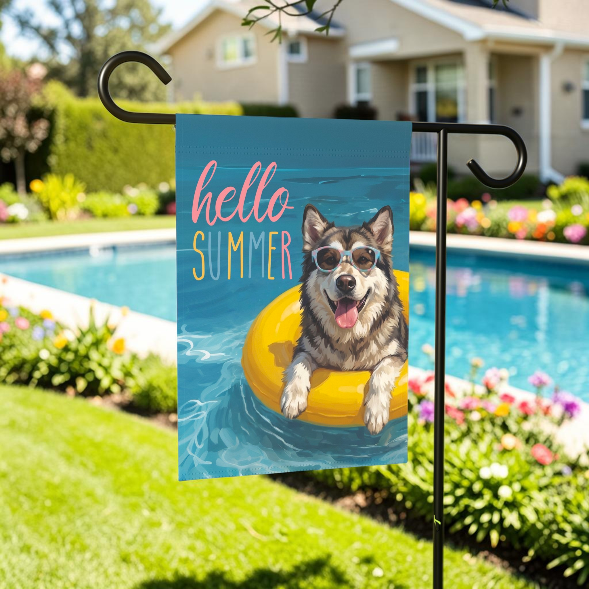Hello Summer Alaskan Malamute Garden Flag