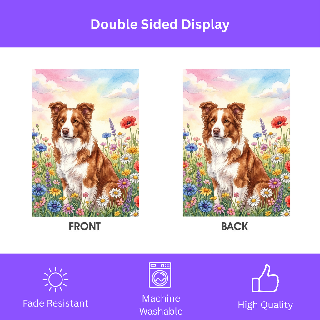 Brown and White Border Collie in A Wildflower Field Garden Flag
