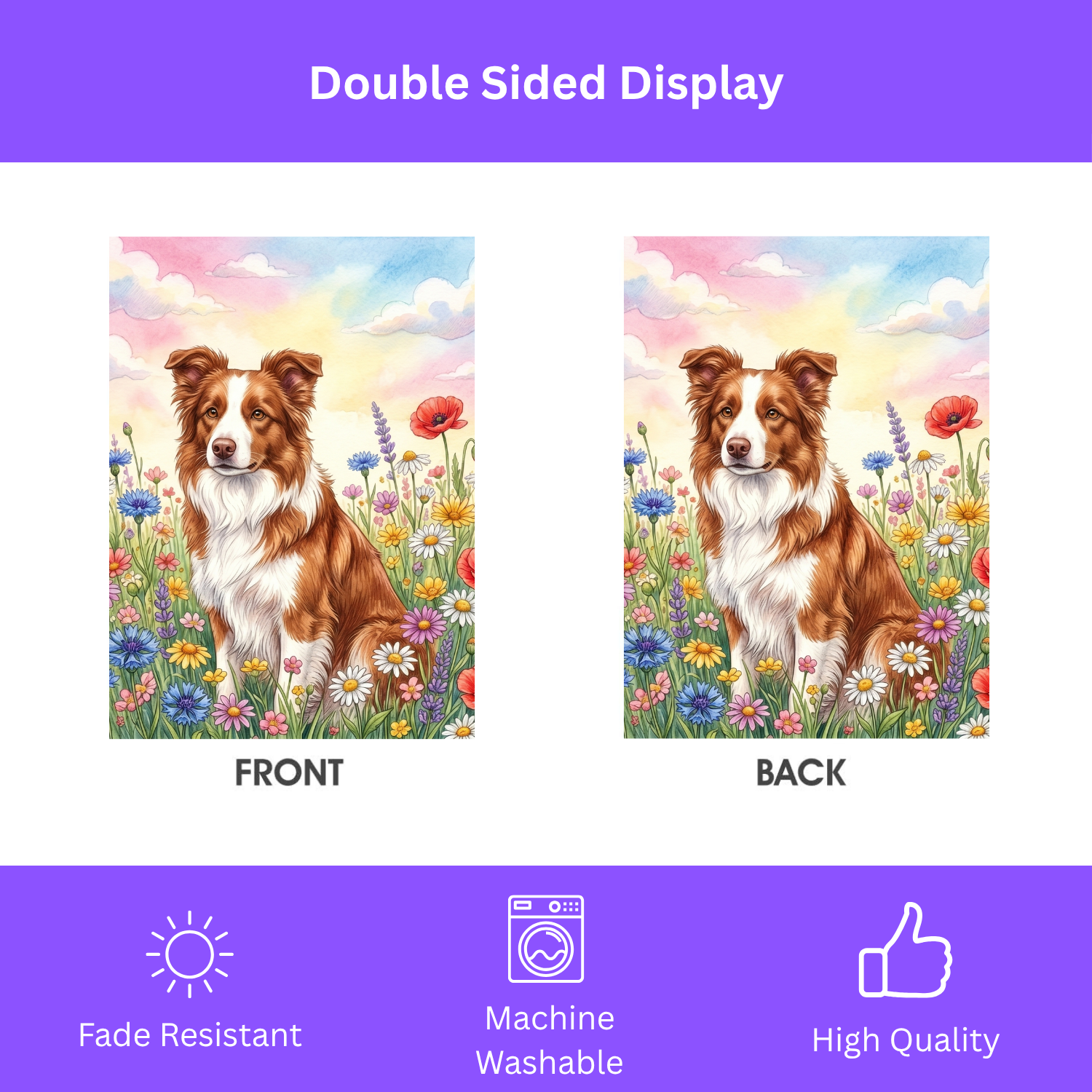 Brown and White Border Collie in A Wildflower Field Garden Flag