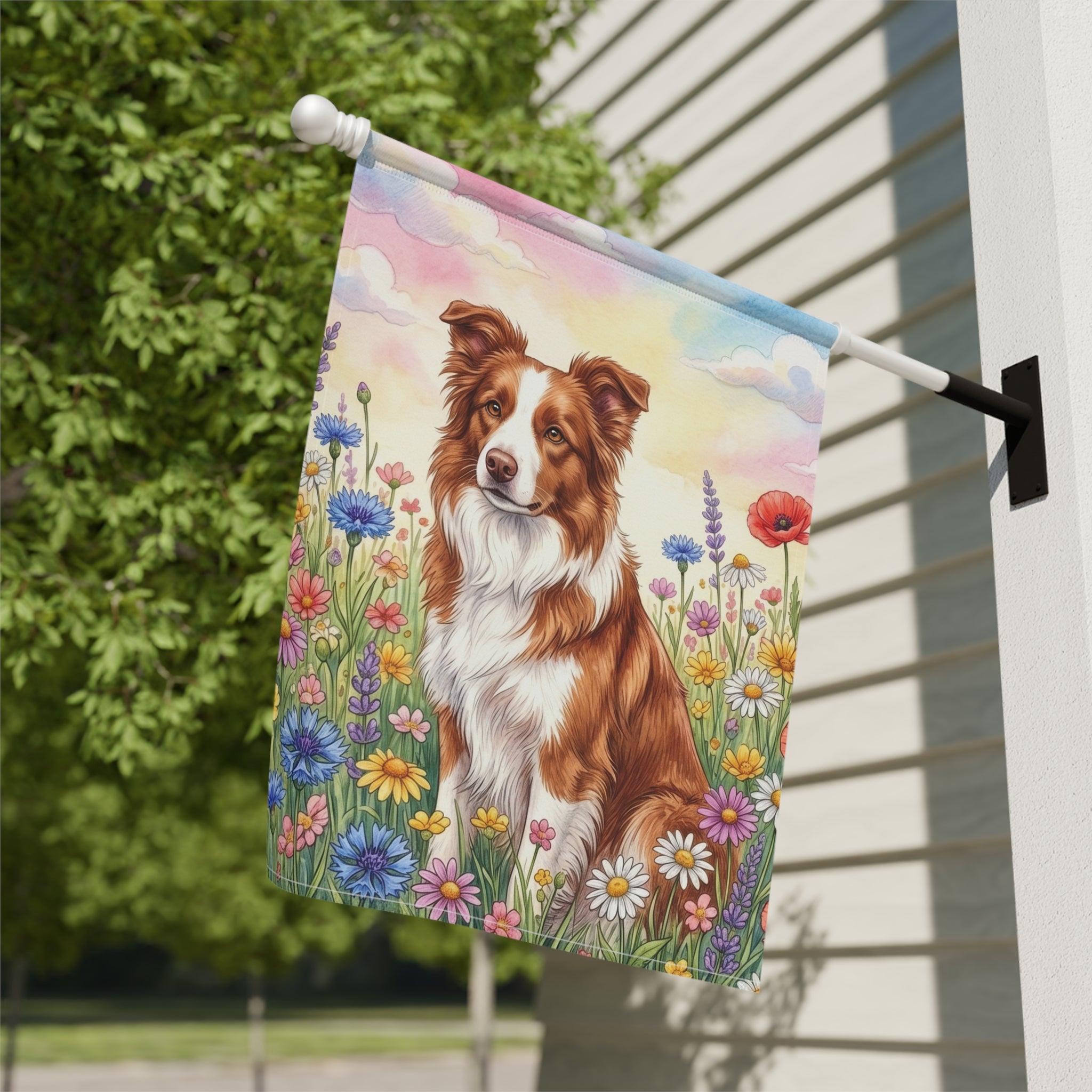 Brown and White Border Collie in A Wildflower Field Garden Flag