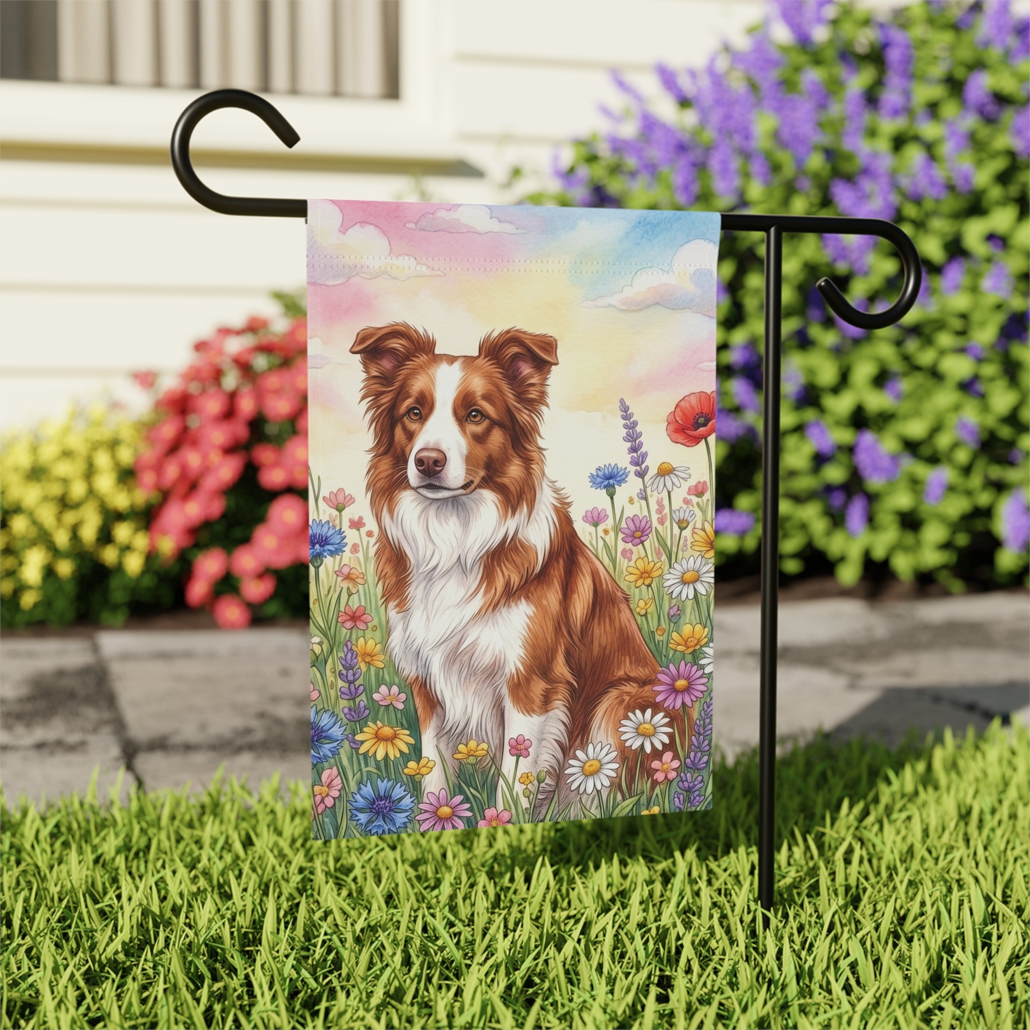 Brown and White Border Collie in A Wildflower Field Garden Flag