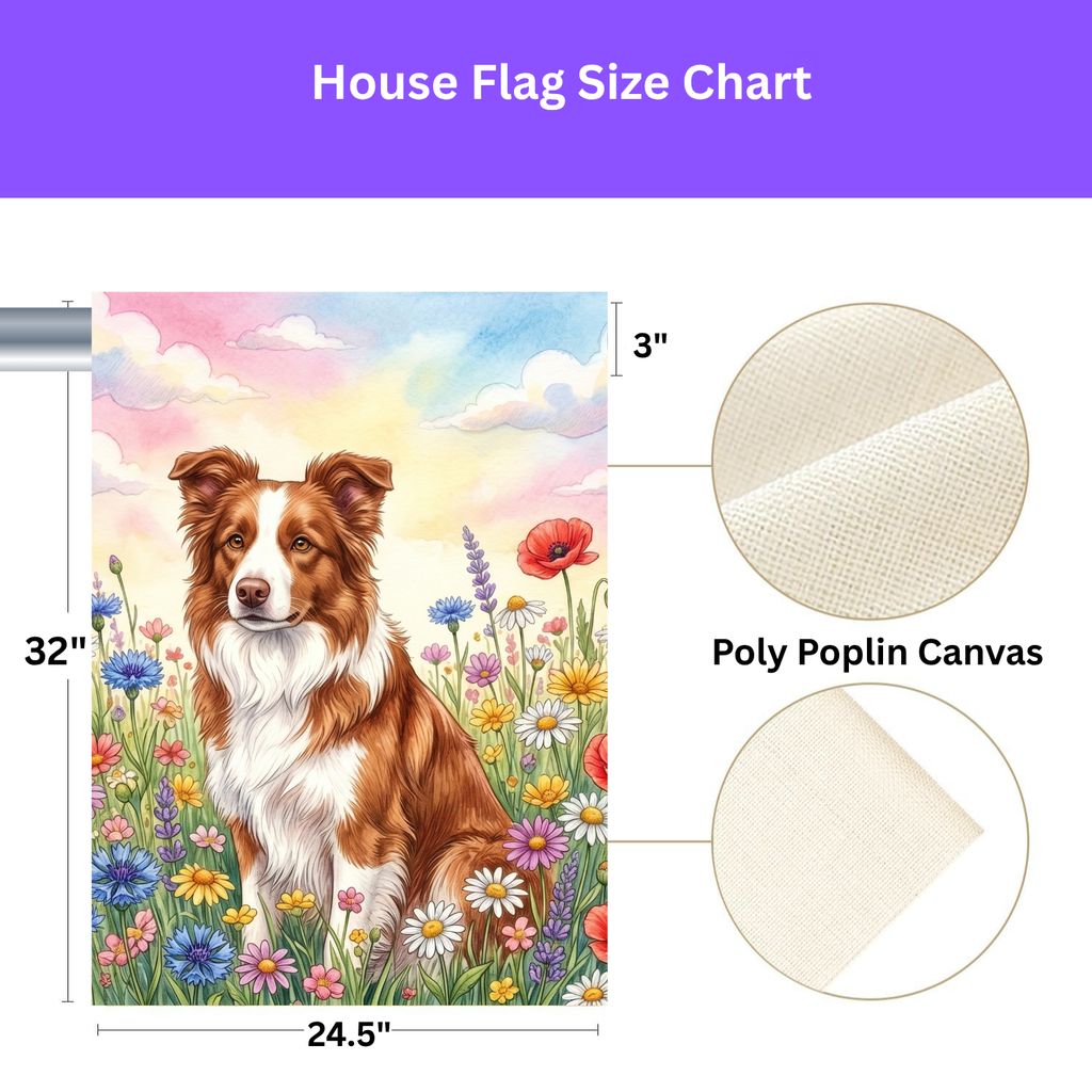 Brown and White Border Collie in A Wildflower Field Garden Flag