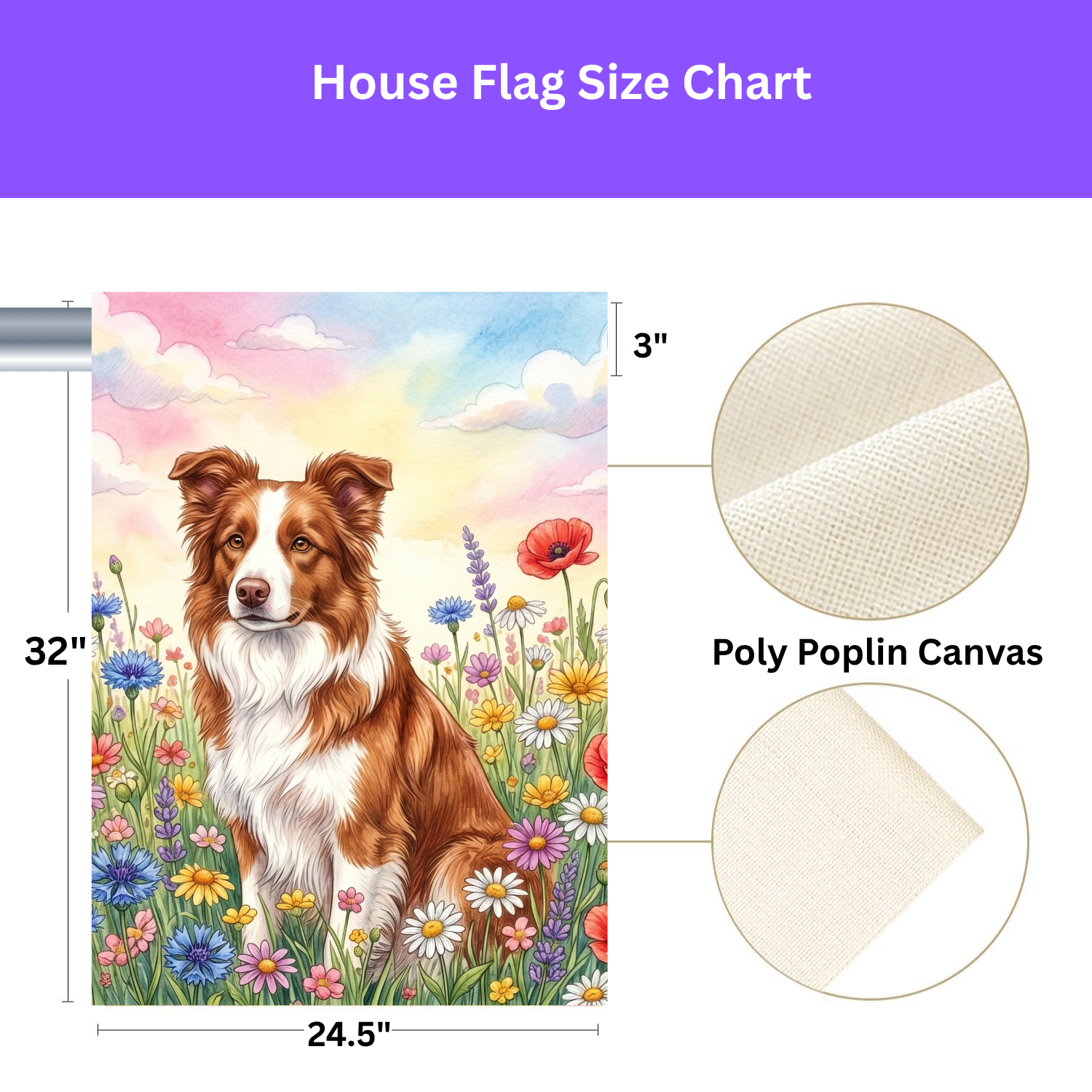 Brown and White Border Collie in A Wildflower Field Garden Flag