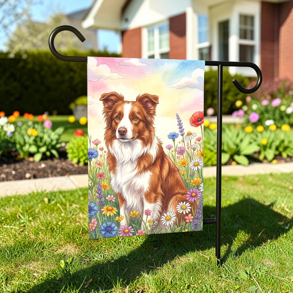 Brown and White Border Collie in A Wildflower Field Garden Flag