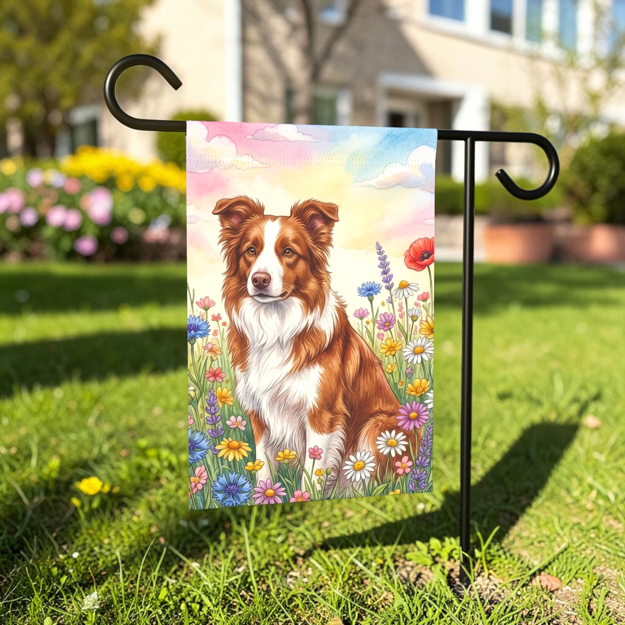 Brown and White Border Collie in A Wildflower Field Garden Flag