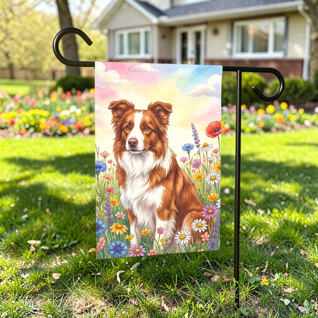 Brown and White Border Collie in A Wildflower Field Garden Flag