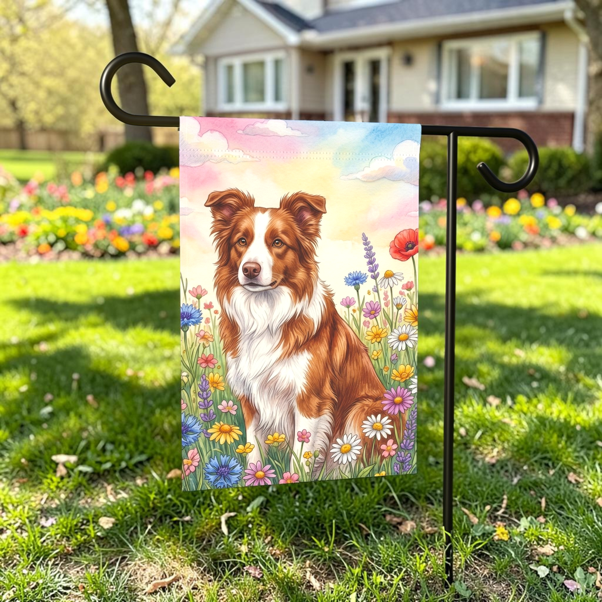 Brown and White Border Collie in A Wildflower Field Garden Flag