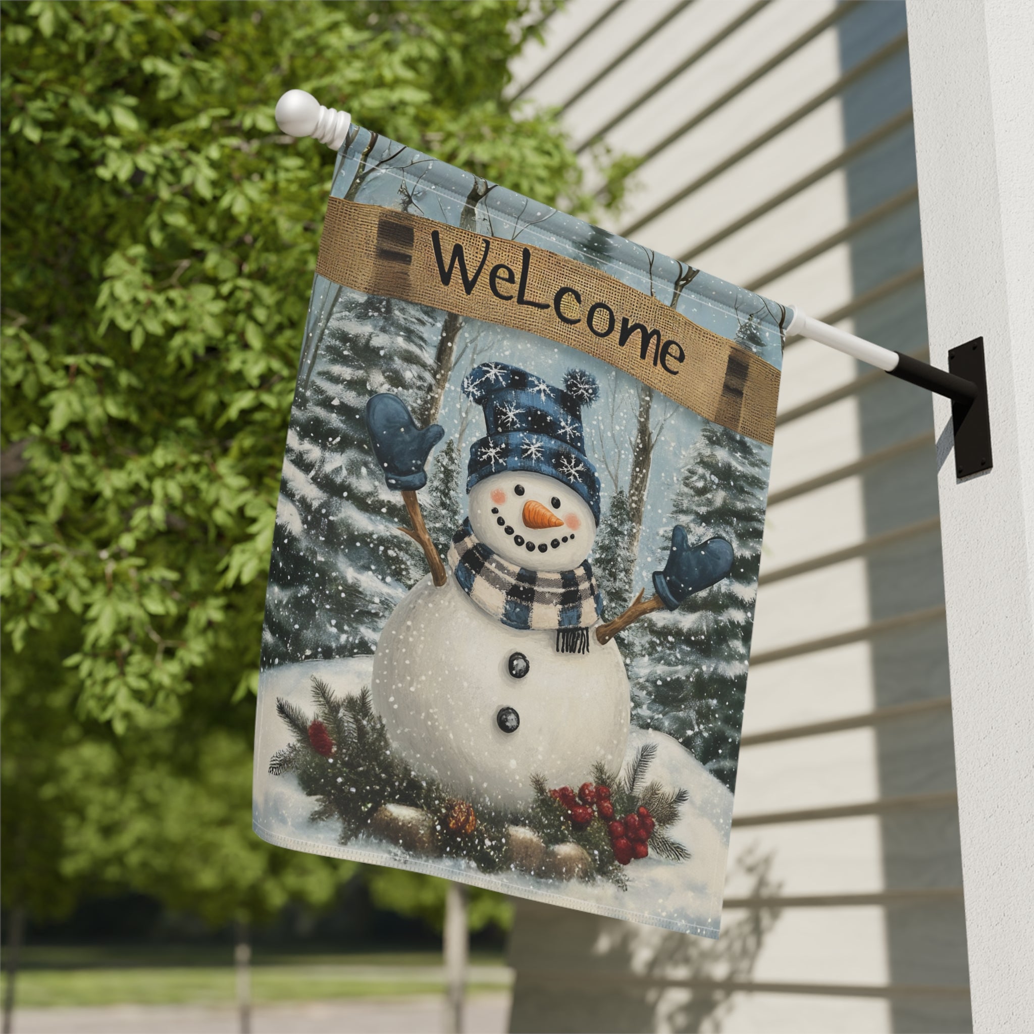 Blue Hat Snowman Welcome Garden Flag