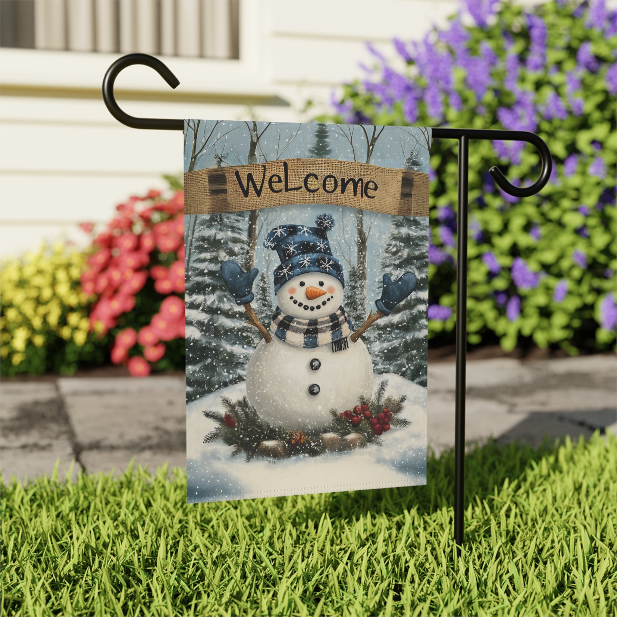 Blue Hat Snowman Welcome Garden Flag