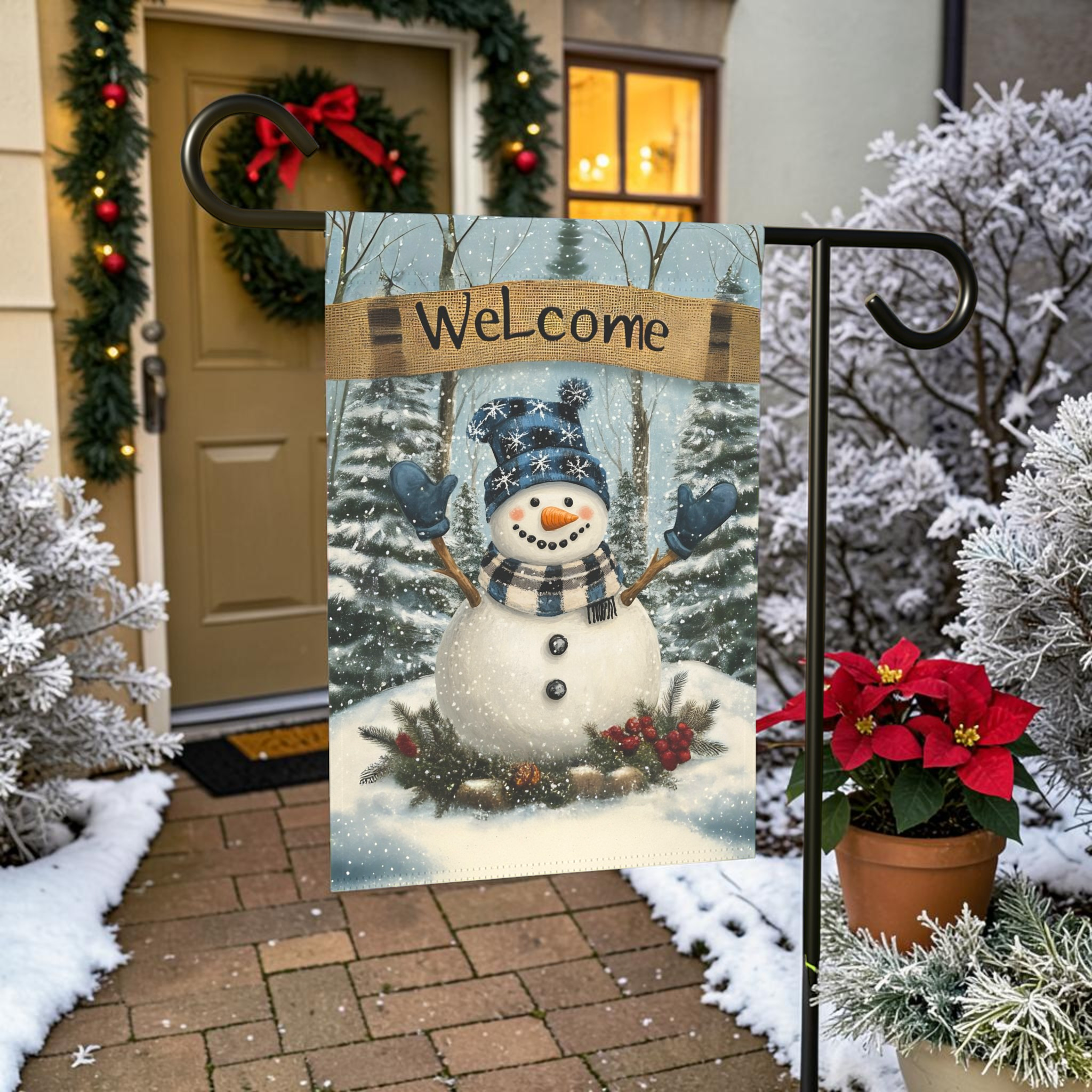 Blue Hat Snowman Welcome Garden Flag