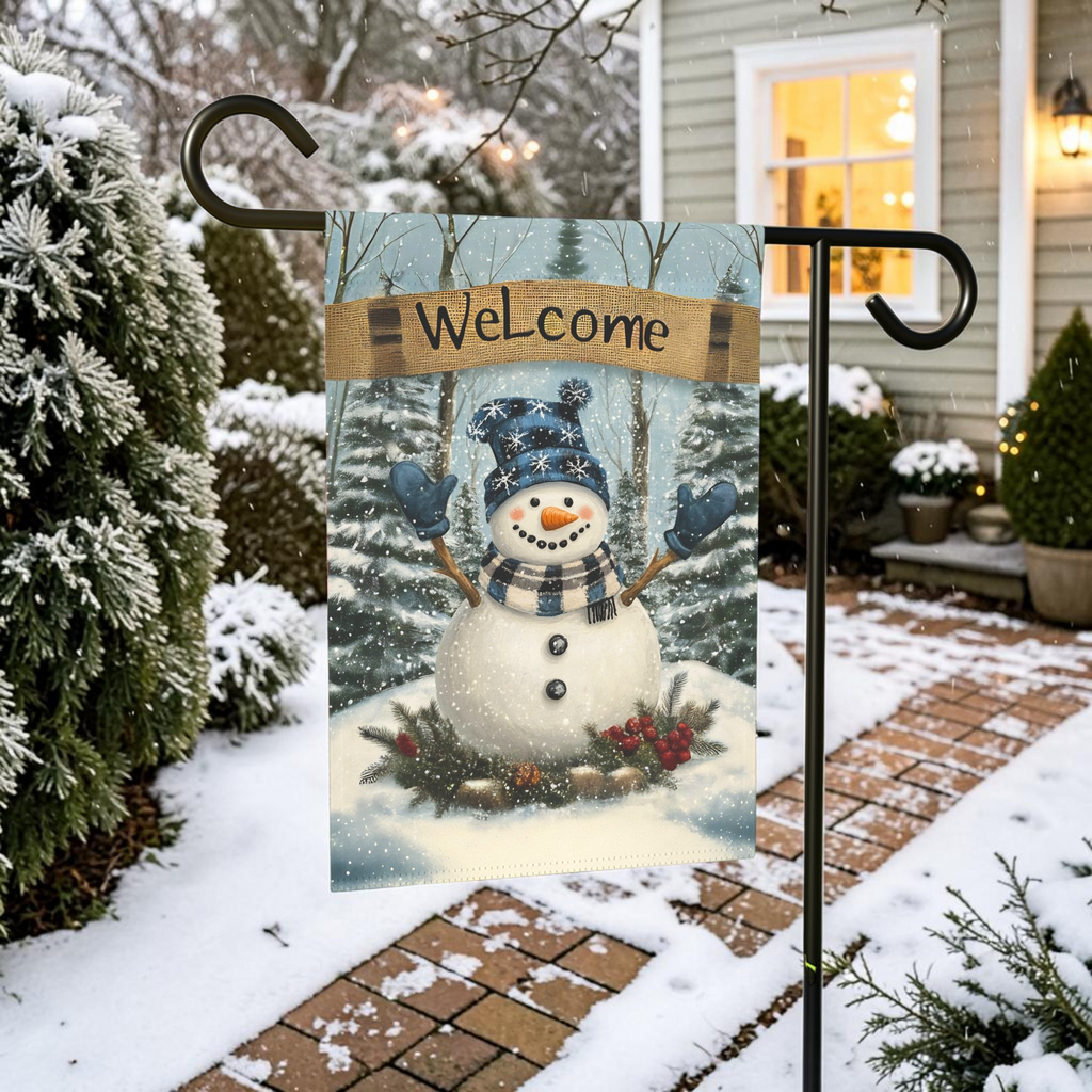 Blue Hat Snowman Welcome Garden Flag