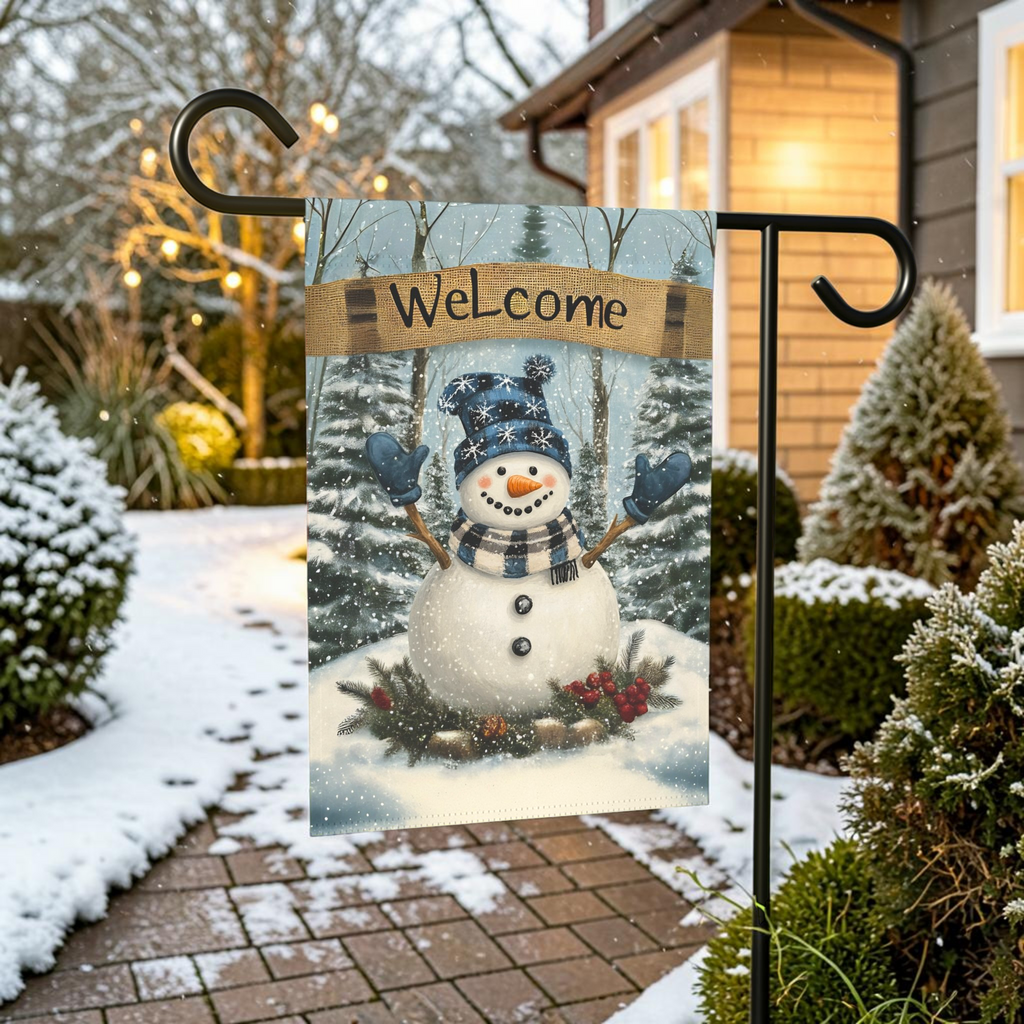 Blue Hat Snowman Welcome Garden Flag