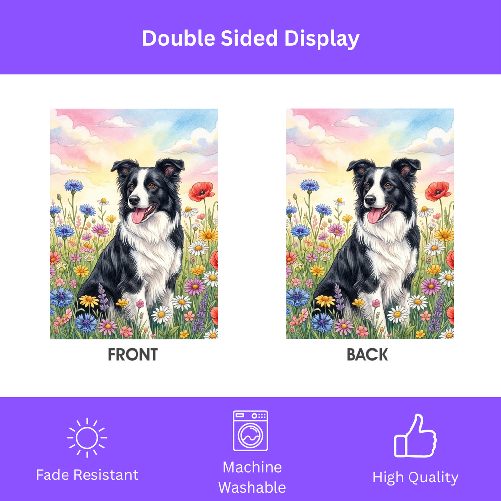 Black and White Border Collie in A Wildflower Field Garden Flag