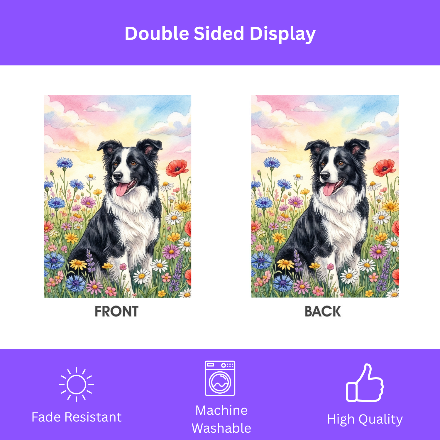 Black and White Border Collie in A Wildflower Field Garden Flag