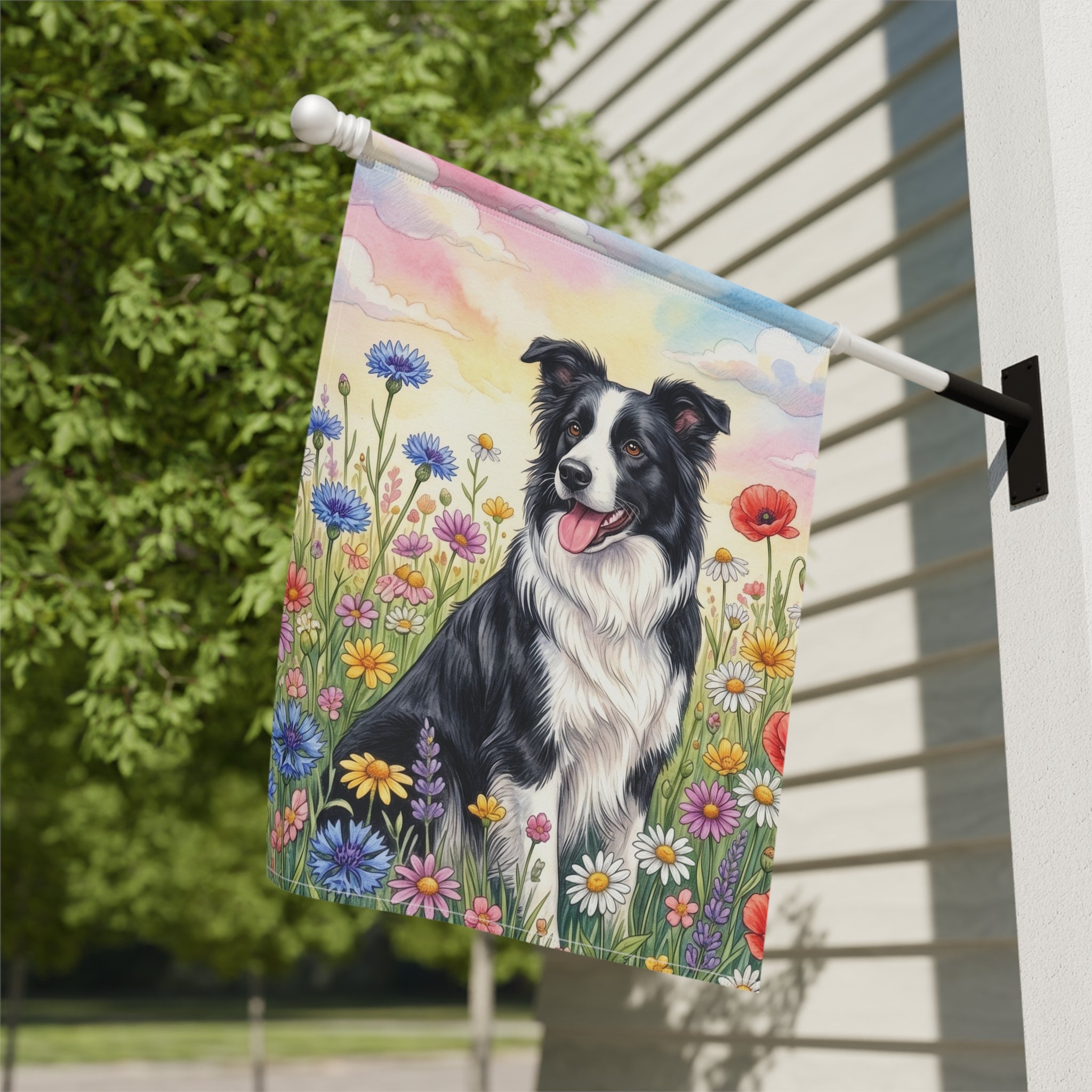 Black and White Border Collie in A Wildflower Field Garden Flag