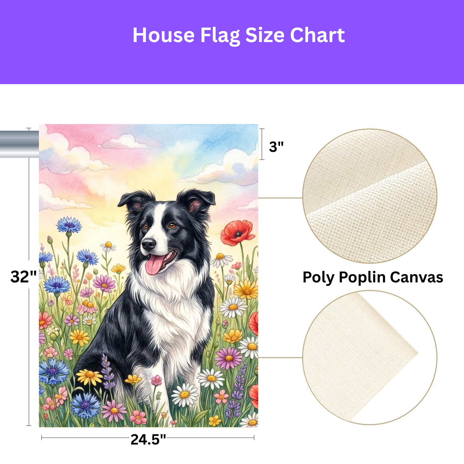 Black and White Border Collie in A Wildflower Field Garden Flag
