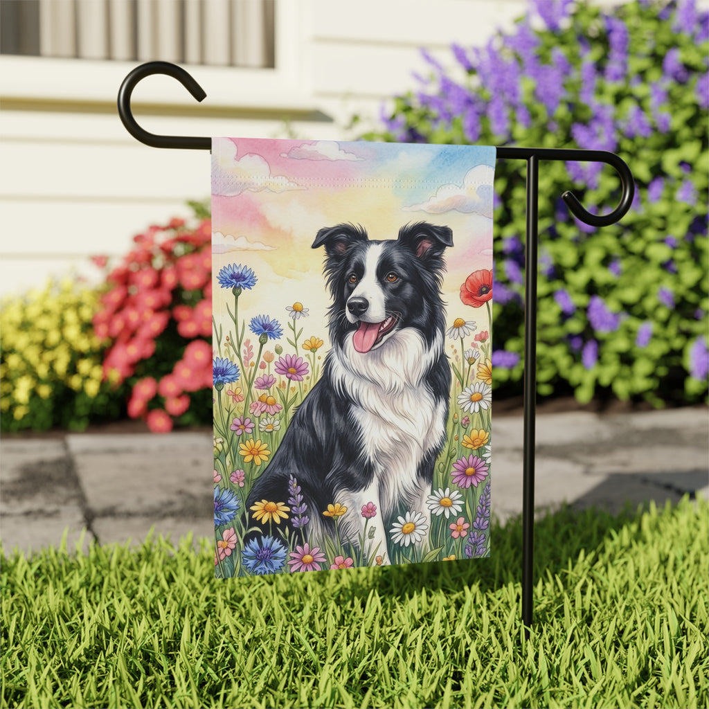 Black and White Border Collie in A Wildflower Field Garden Flag
