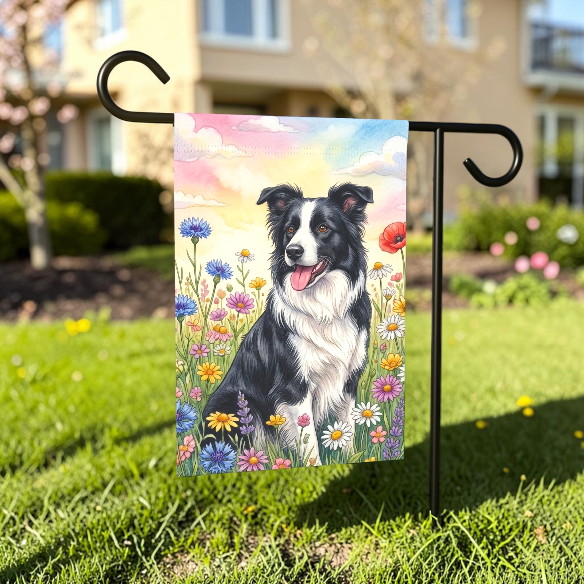 Black and White Border Collie in A Wildflower Field Garden Flag