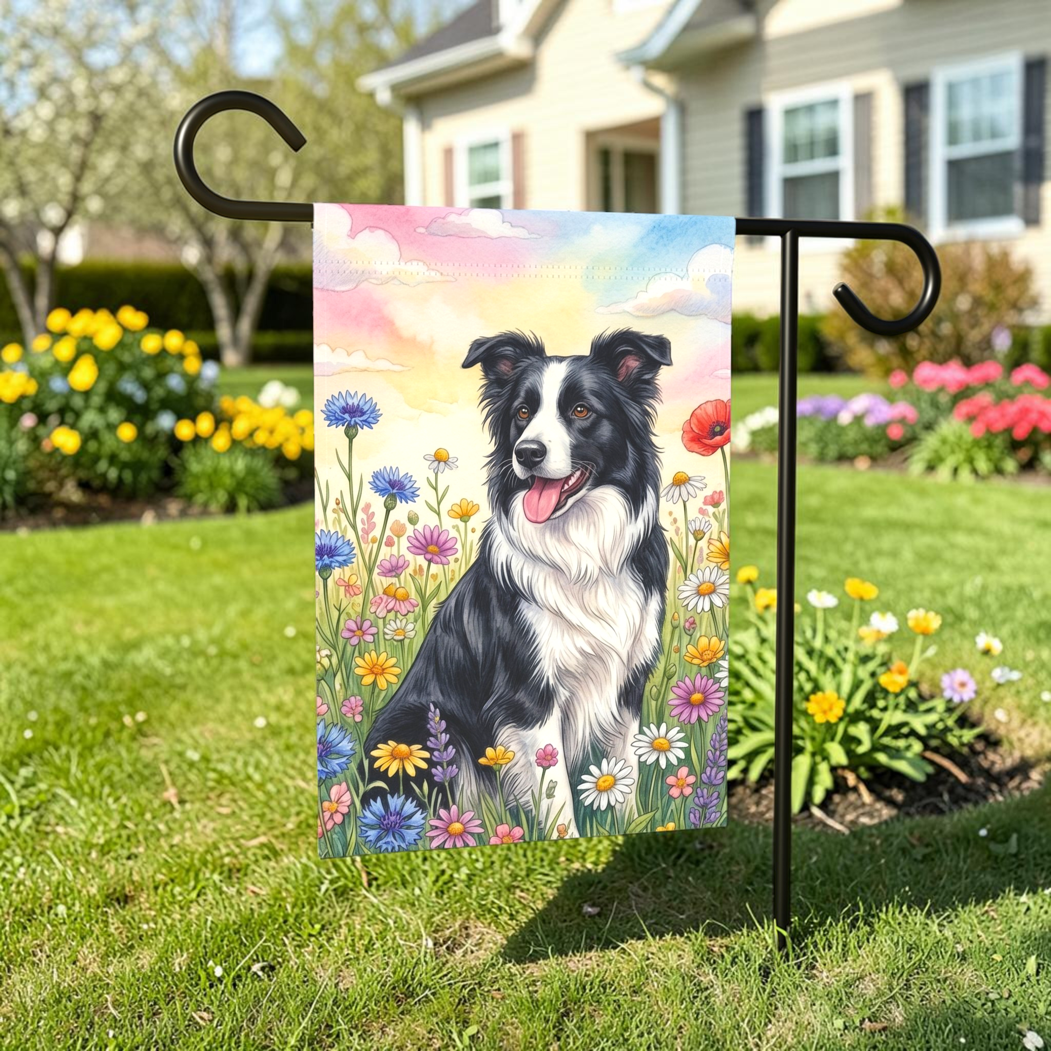 Black and White Border Collie in A Wildflower Field Garden Flag