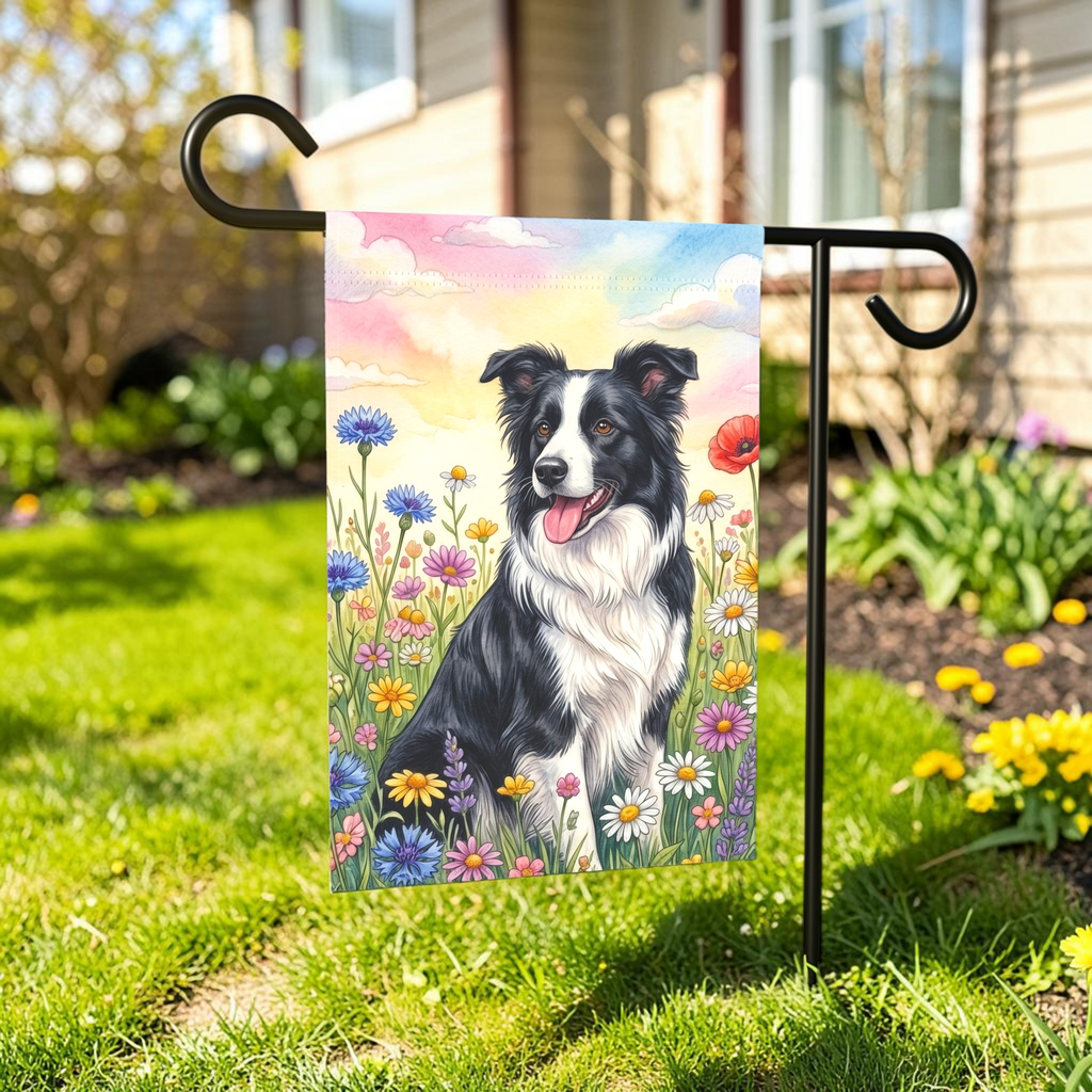 Black and White Border Collie in A Wildflower Field Garden Flag