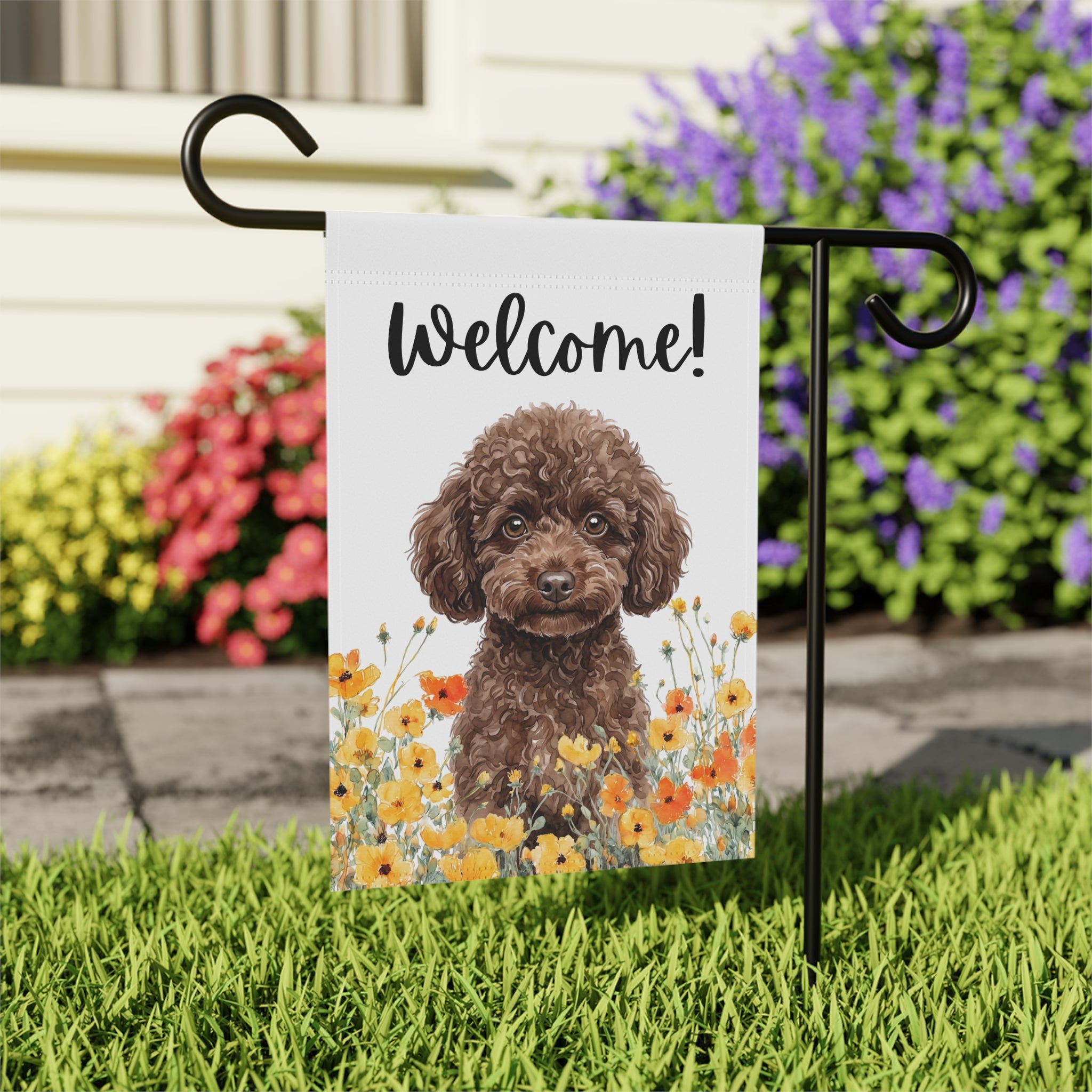 Yellow Poppies Toy Poodle Welcome Garden Flag Double Sided 12x18 24x32 Outdoor