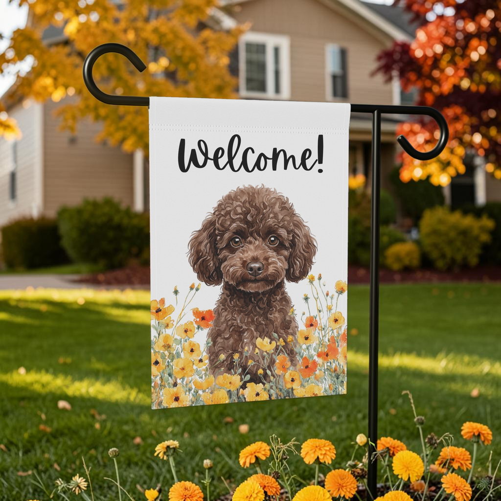 Yellow Poppies Toy Poodle Welcome Garden Flag Double Sided 12x18 24x32 Outdoor