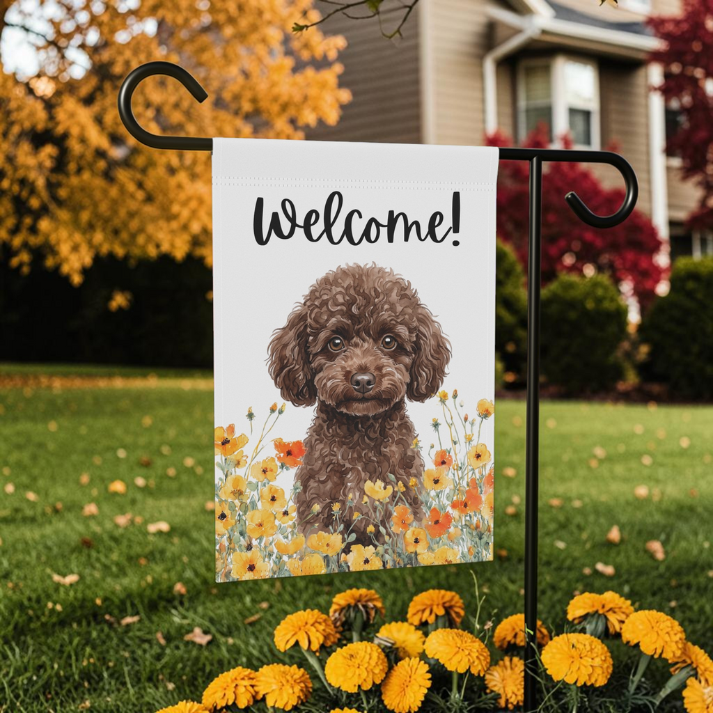 Yellow Poppies Toy Poodle Welcome Garden Flag Double Sided 12x18 24x32 Outdoor