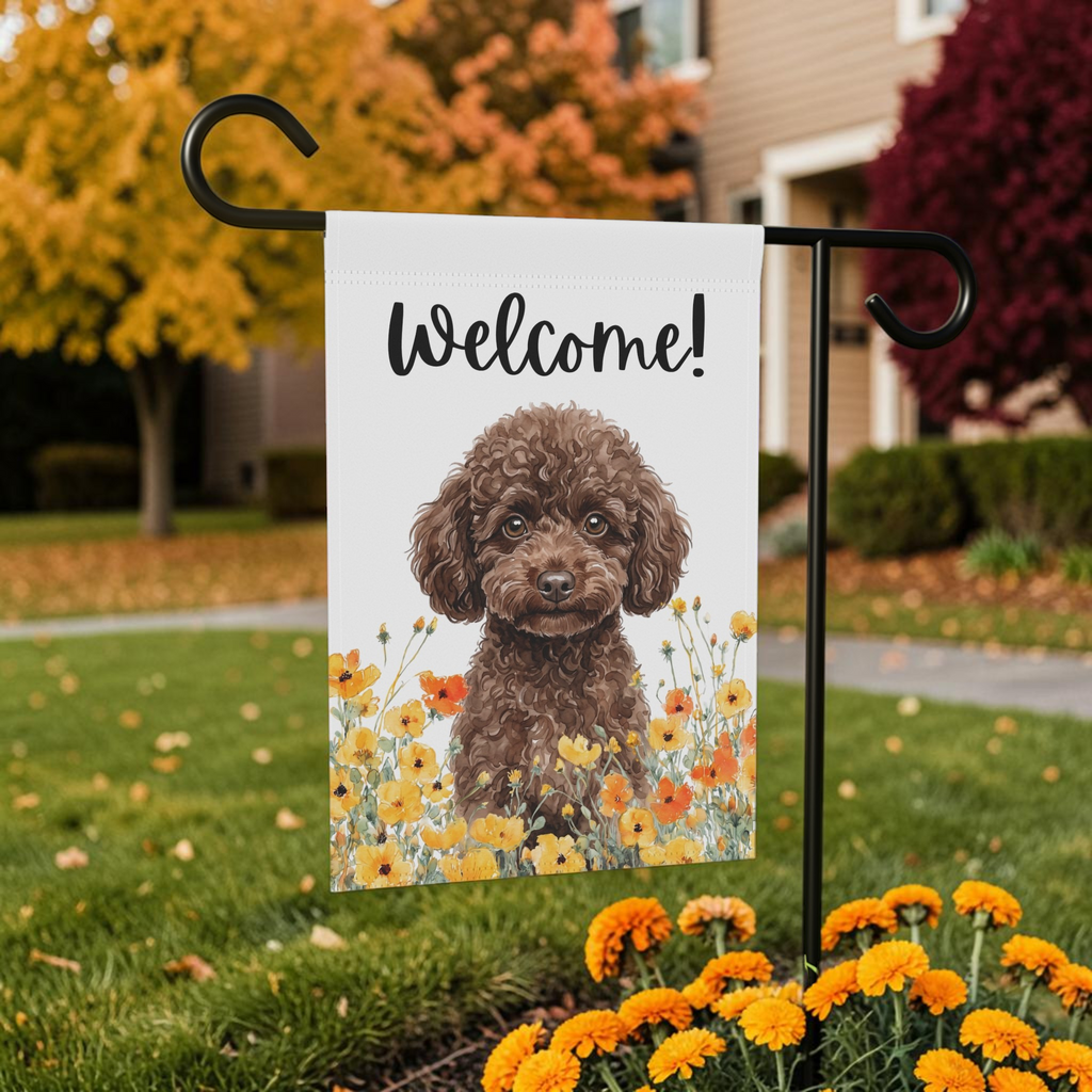 Yellow Poppies Toy Poodle Welcome Garden Flag Double Sided 12x18 24x32 Outdoor