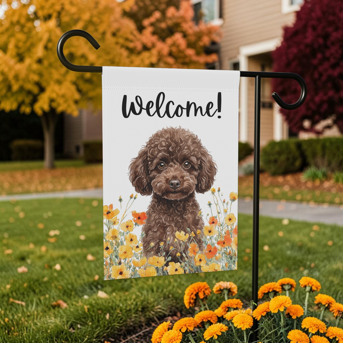 Yellow Poppies Toy Poodle Welcome Garden Flag Double Sided 12x18 24x32 Outdoor