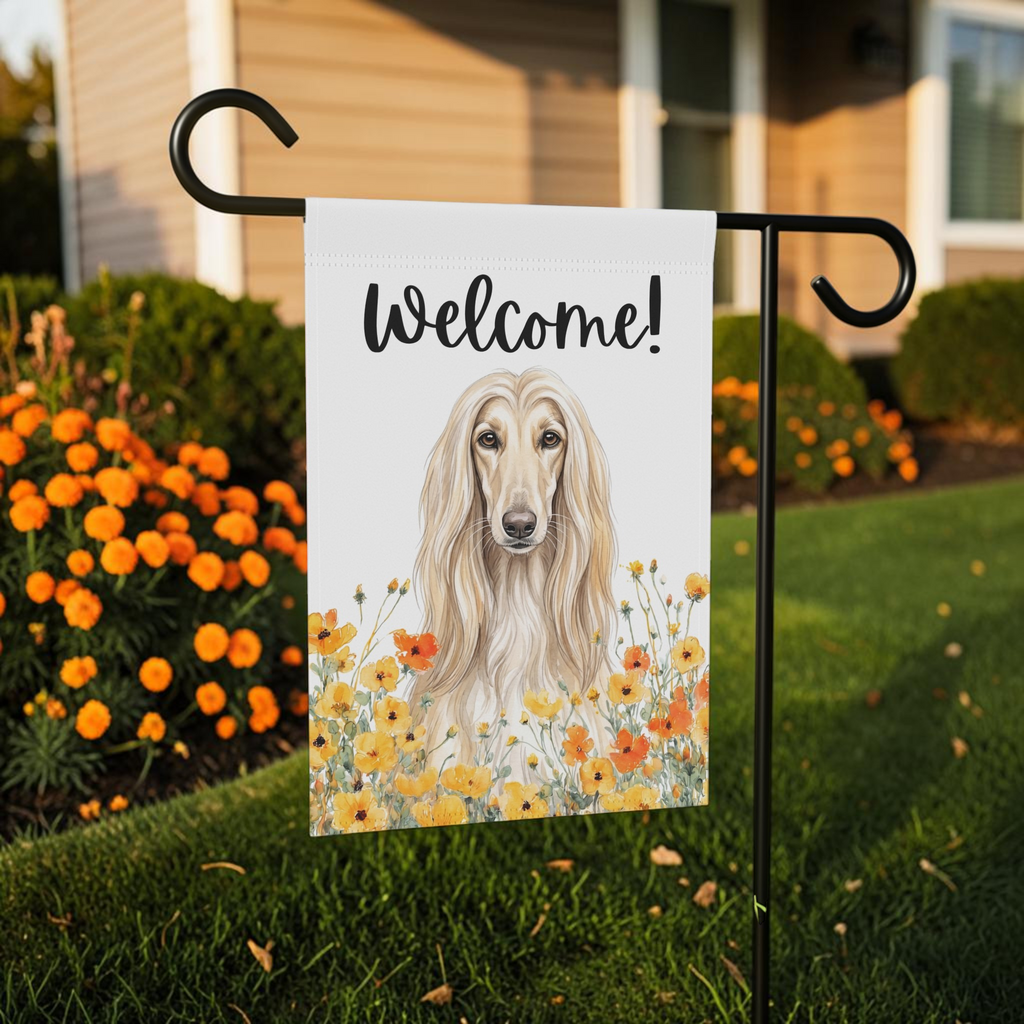 Yellow Poppies Afghan Hound Welcome Garden Flag Double Sided 12x18 24x32 Outdoor