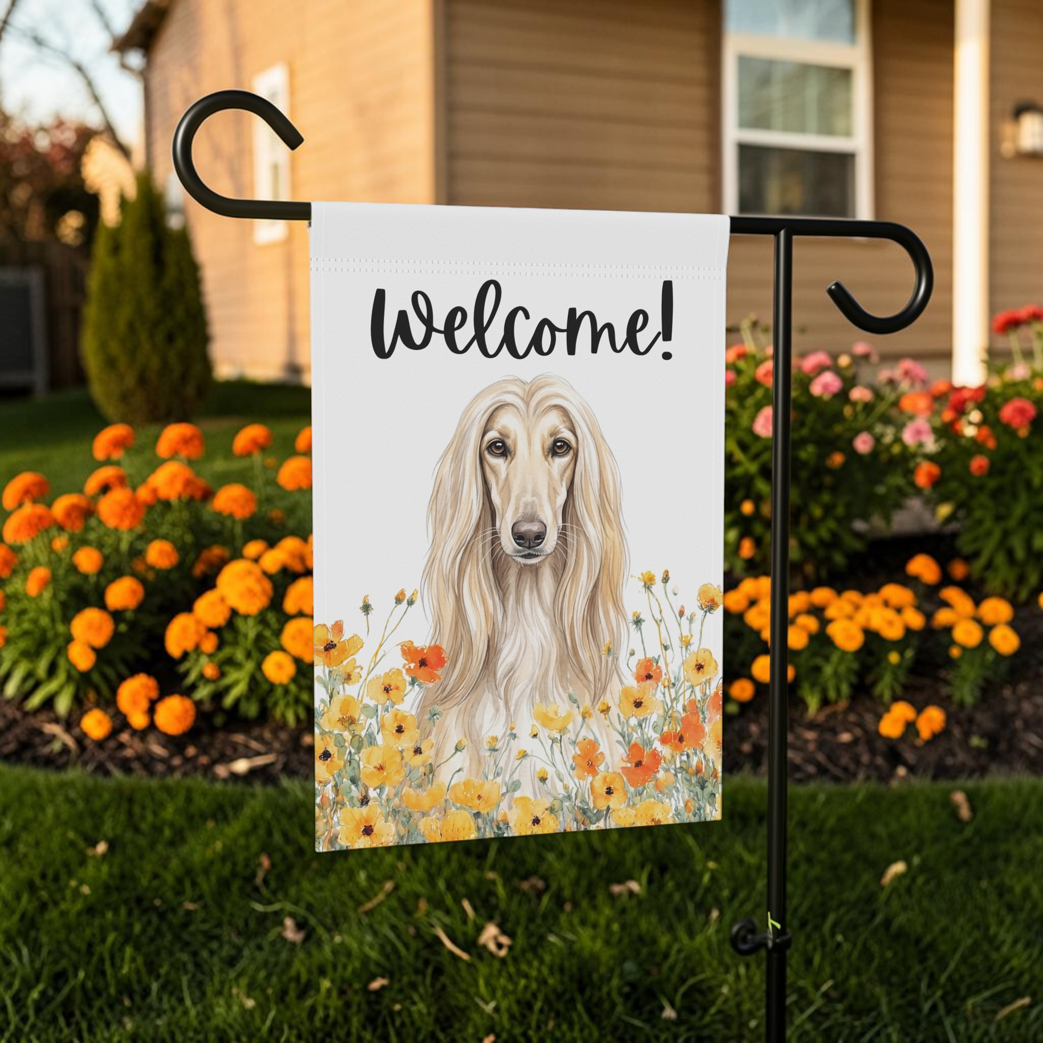 Yellow Poppies Afghan Hound Welcome Garden Flag Double Sided 12x18 24x32 Outdoor