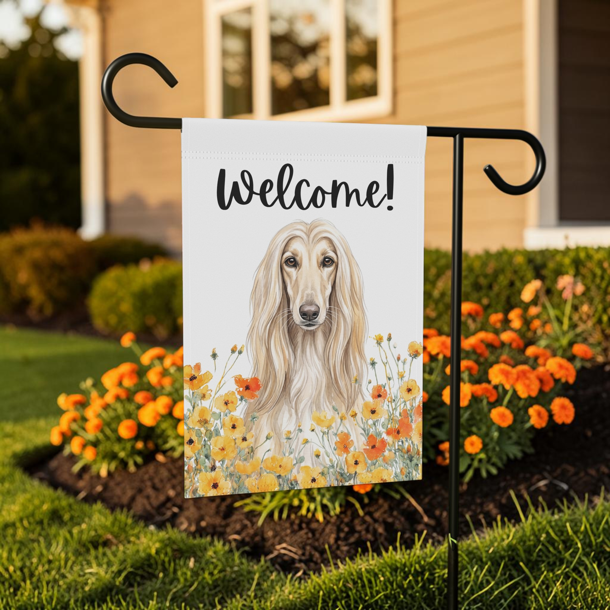 Yellow Poppies Afghan Hound Welcome Garden Flag Double Sided 12x18 24x32 Outdoor